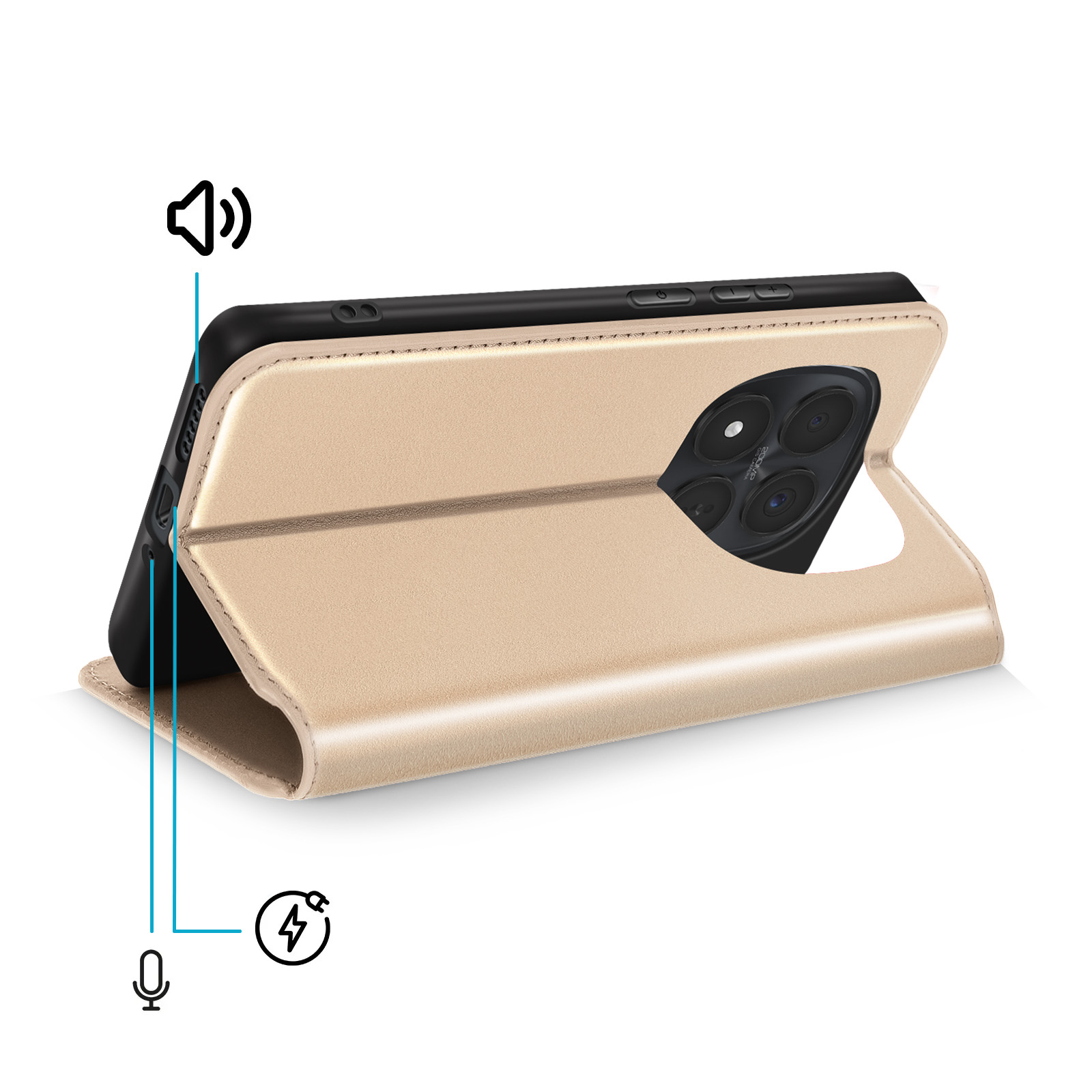 Custodia dorata per telefono con fotocamera posteriore esposta e icone microfono e ricarica.