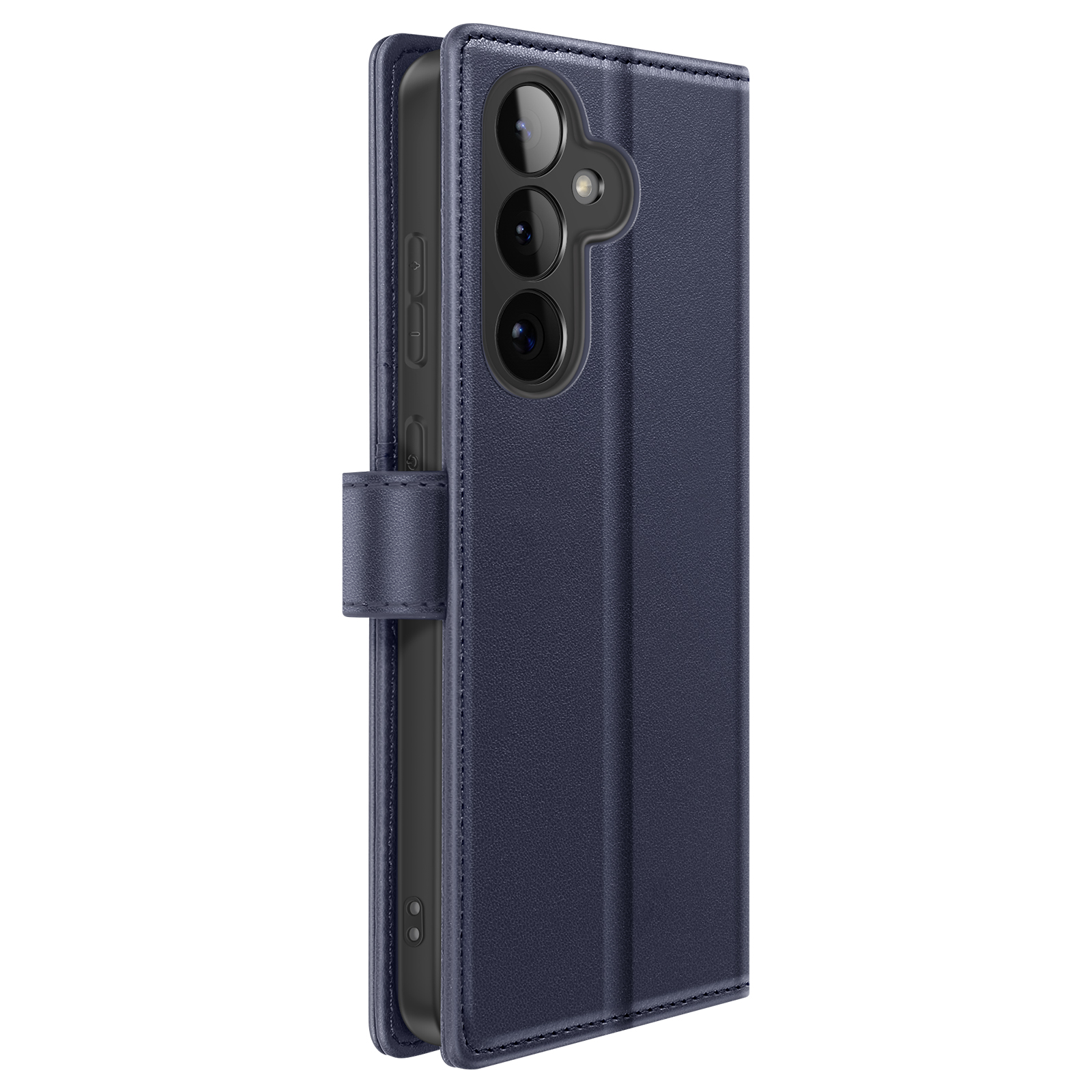 Donkerblauwe leren flipcase voor smartphone met camera's. Gesloten.