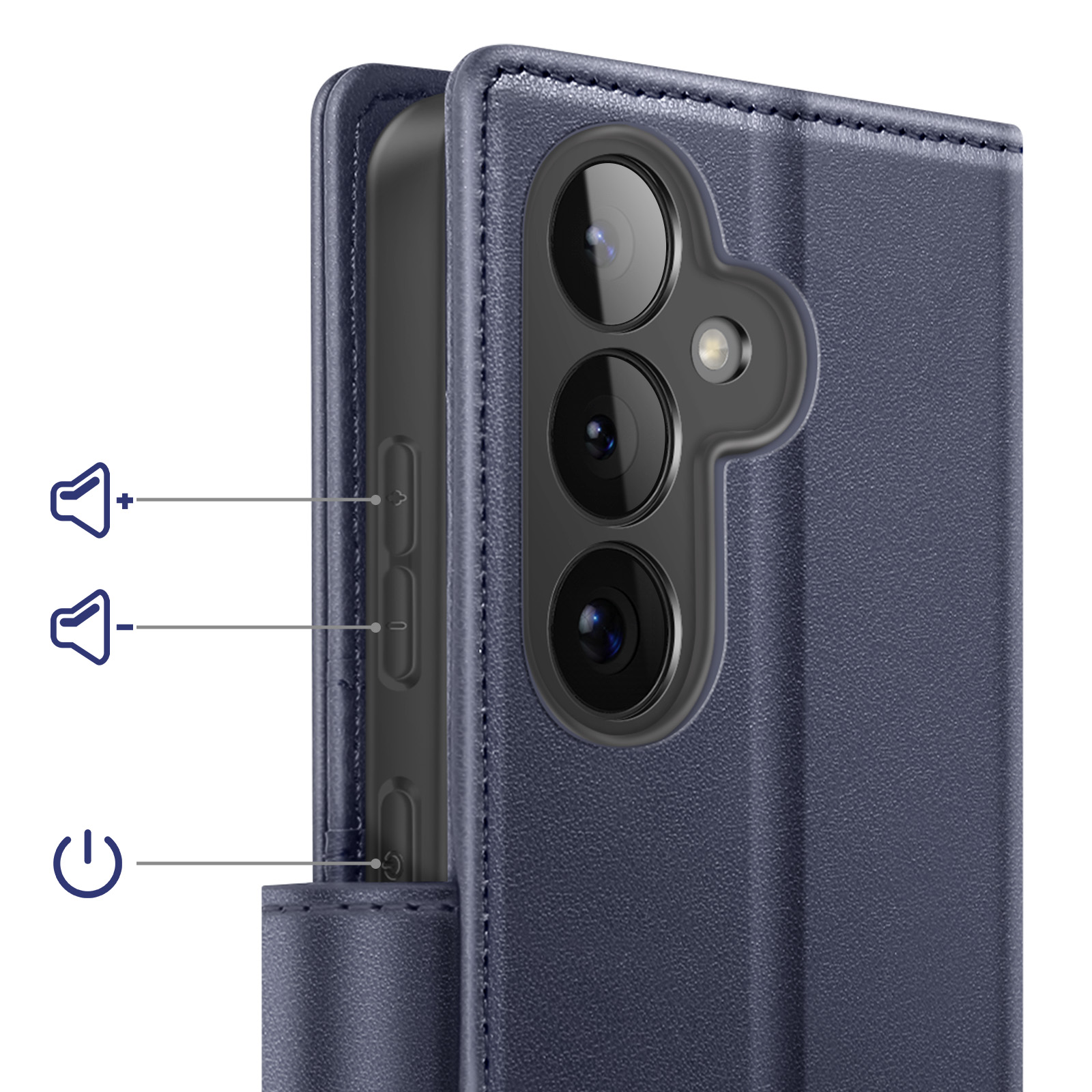 Donkerblauwe telefoonhoes met cameralenzen en volume-/aan/uit-knoppen.