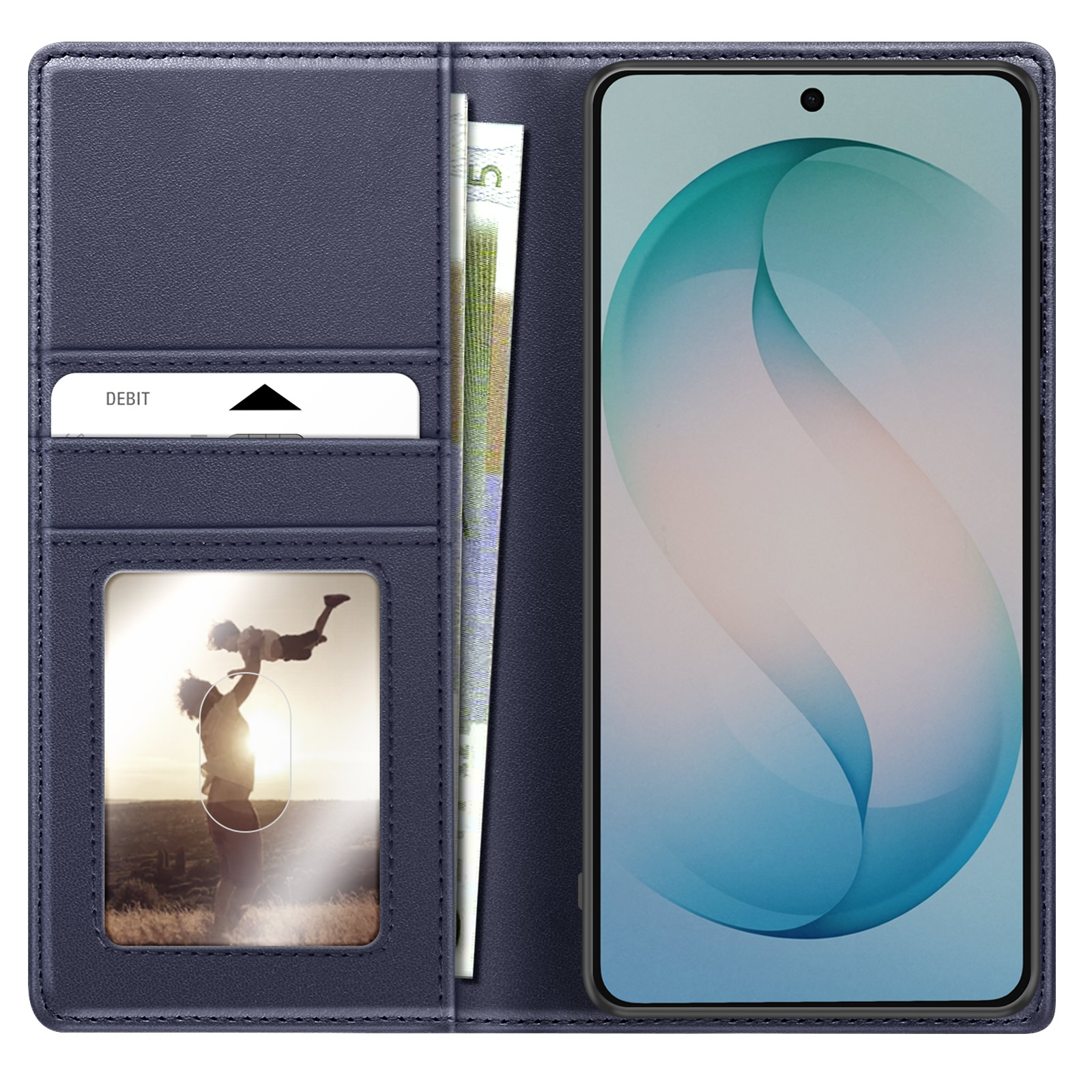 Étui portefeuille en cuir bleu marine avec téléphone, carte d'identité et billets.