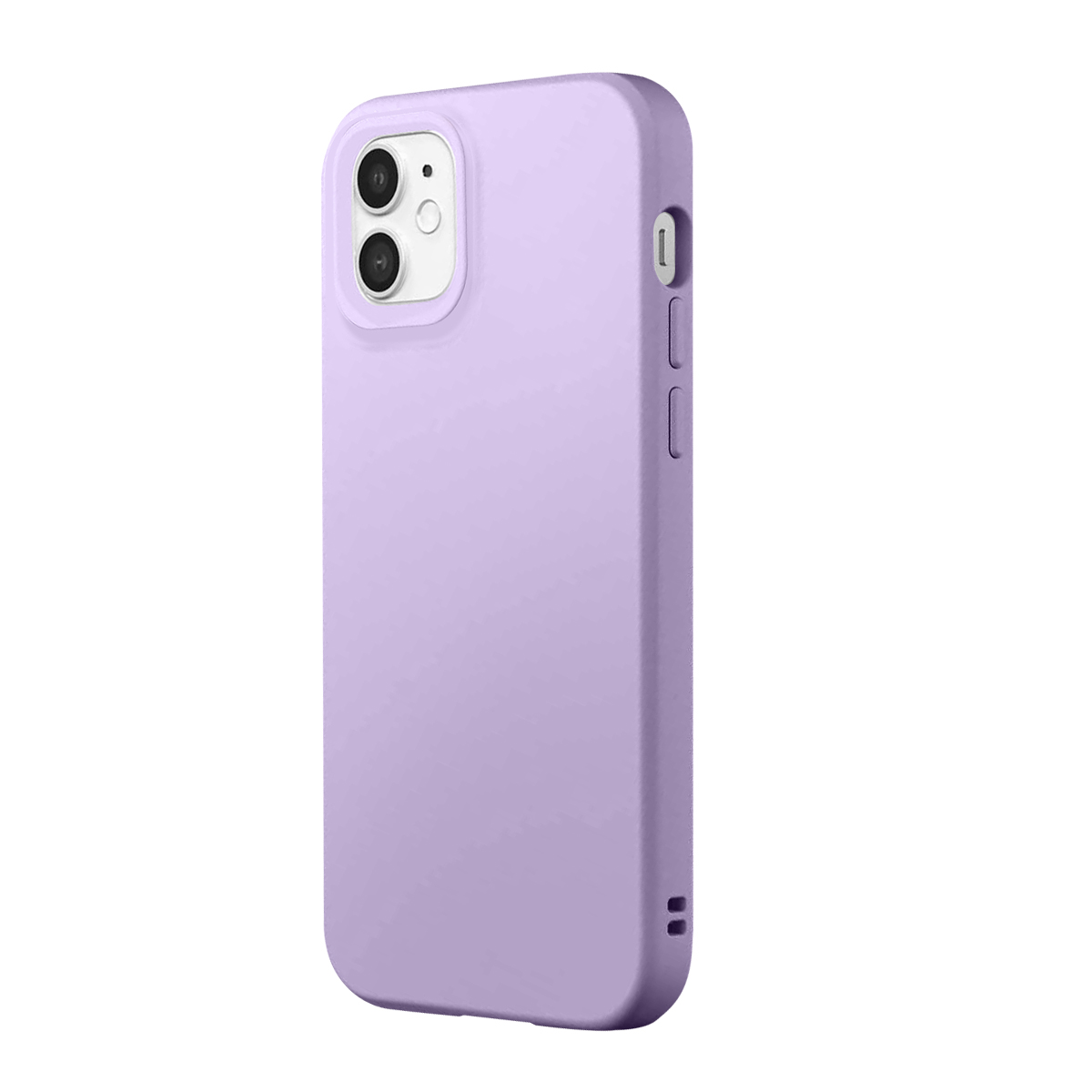 Une coque de téléphone lavande avec deux objectifs photo visibles au dos.