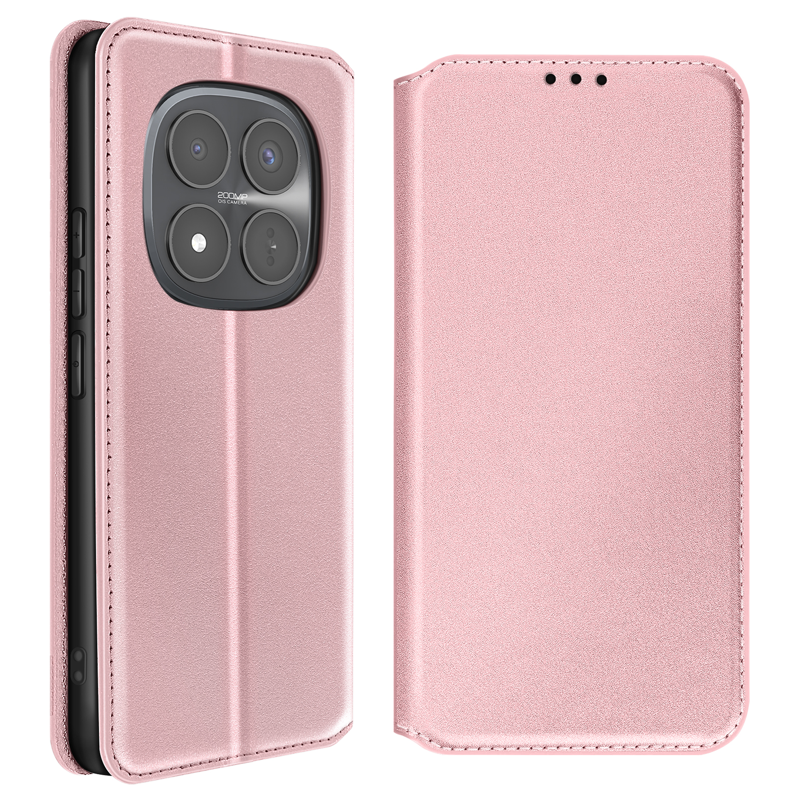 Una custodia rosa oro per telefono con fotocamera e pulsanti visibili.