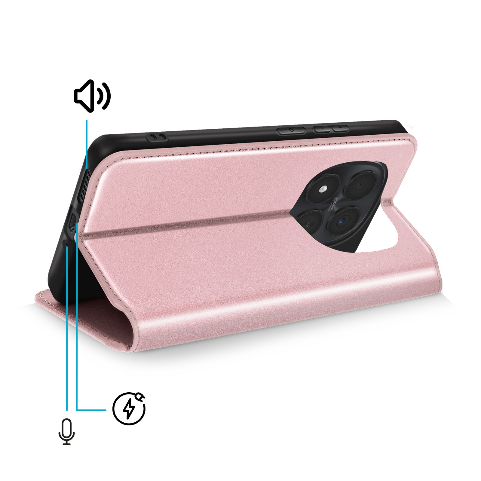Una custodia per telefono rosa oro con ritaglio fotocamera e icone volume e microfono.