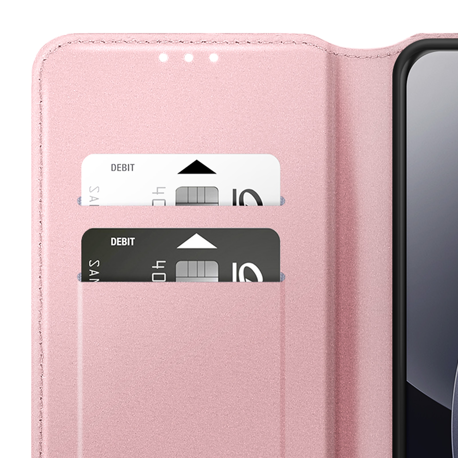 Custodia per telefono rosa con due fessure per carte, una sopra l'altra.