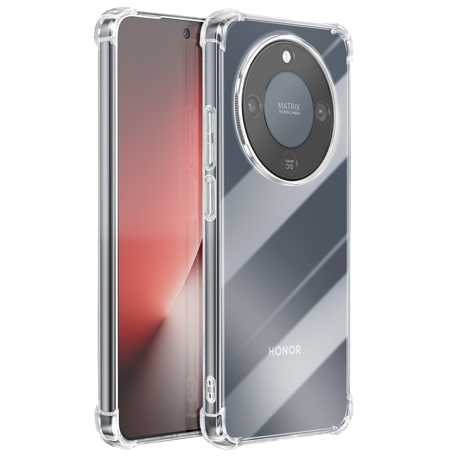 Coque de protection transparente avec coins renforcés pour un smartphone à module caméra rond.