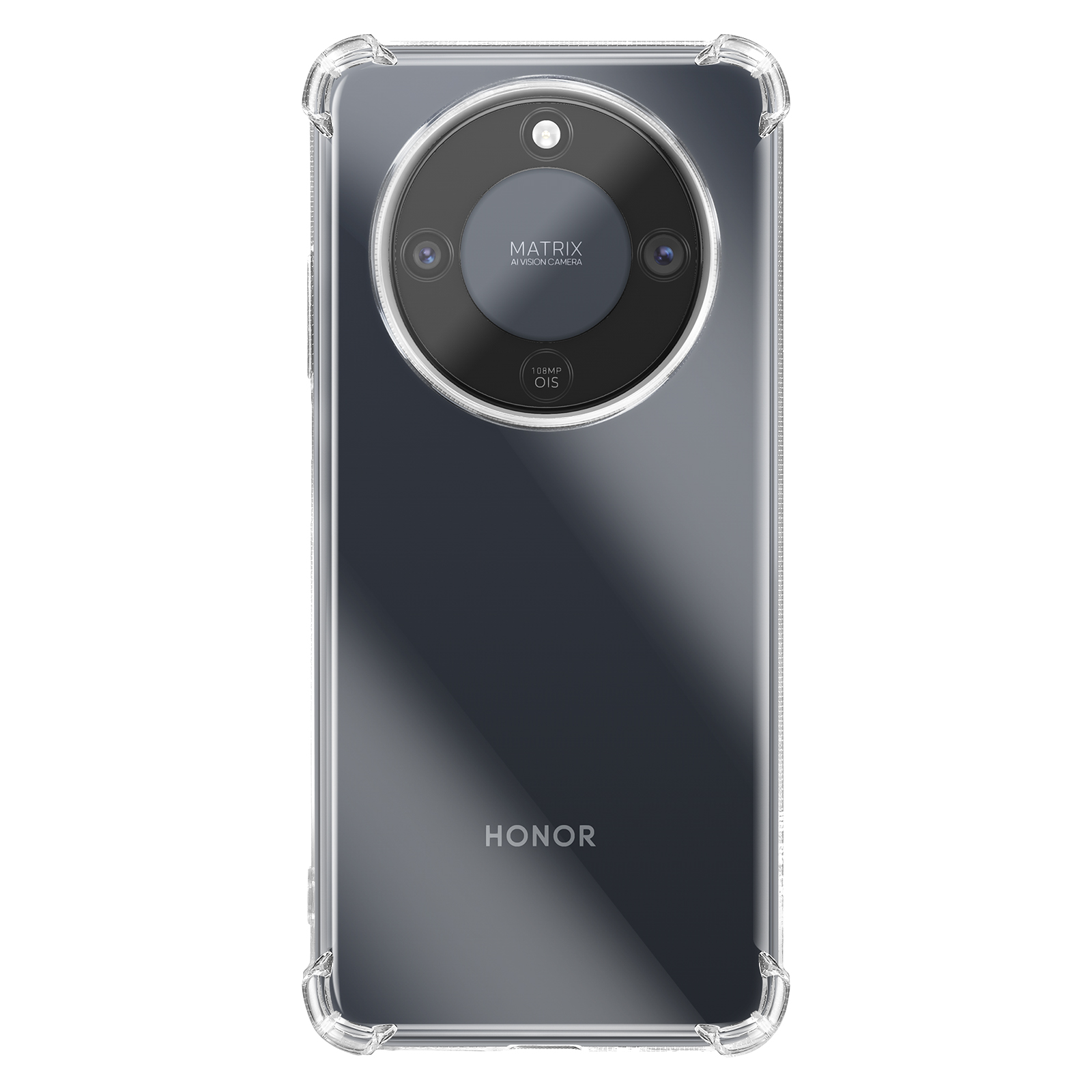 Coque transparente avec coins renforcés pour un smartphone avec matrice caméra.