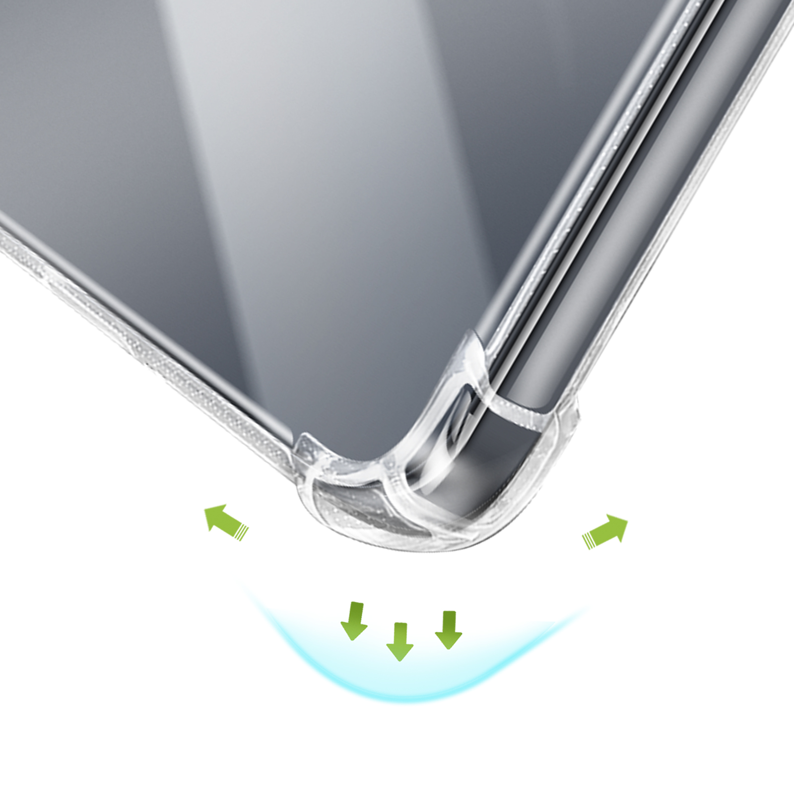 Coque transparente avec coins renforcés et flèches indiquant l'absorption des chocs.