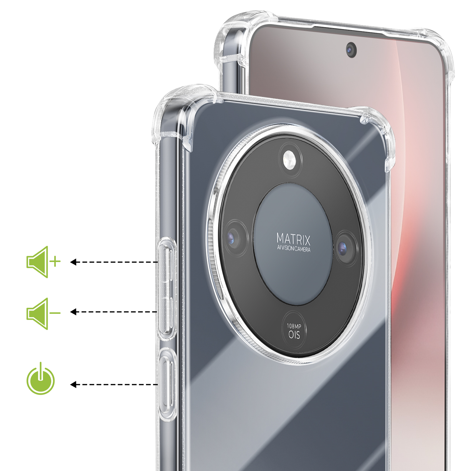 Un smartphone dans un étui transparent montrant son module caméra arrière.