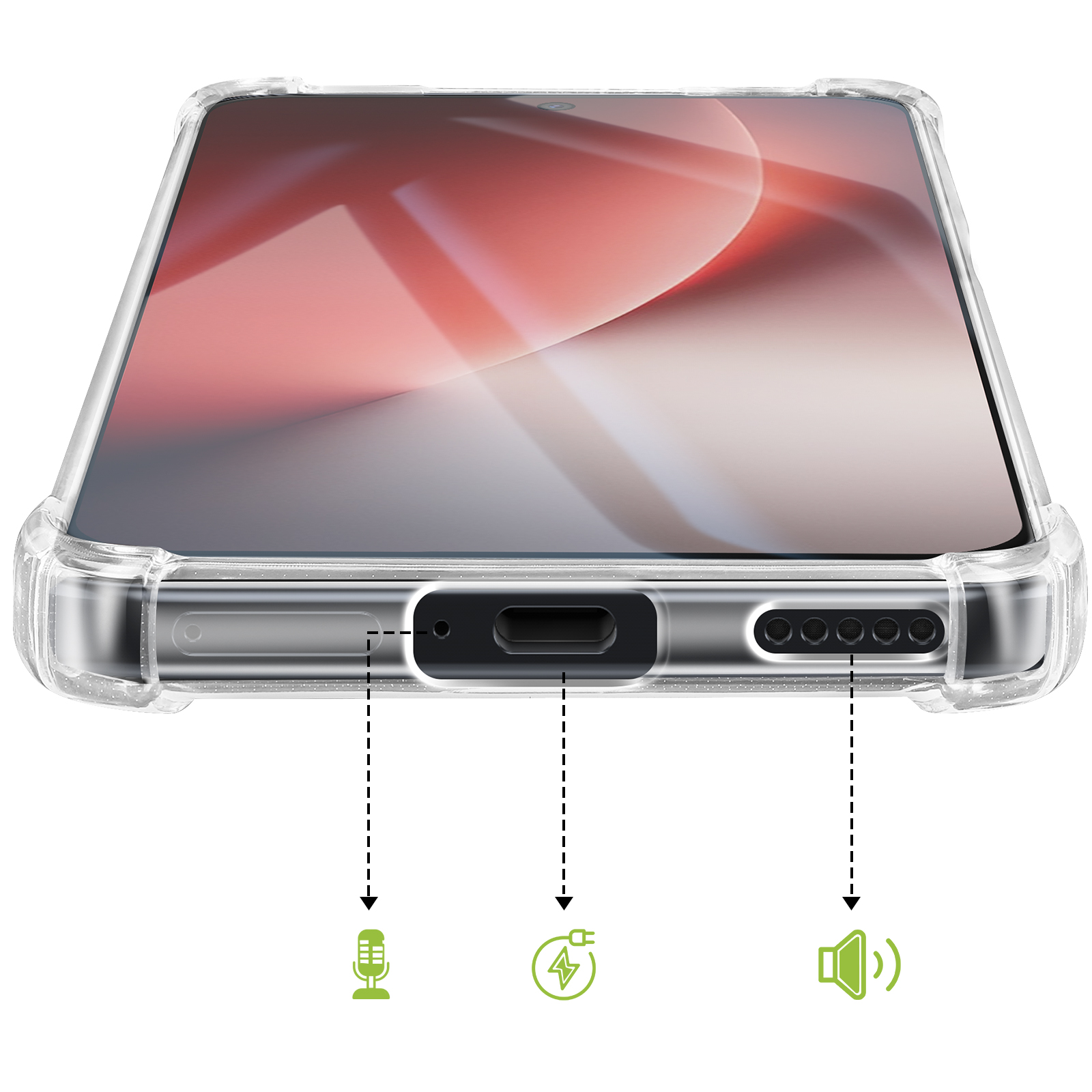 Coque de téléphone transparente montrant les icônes de micro, charge et haut-parleur en bas.