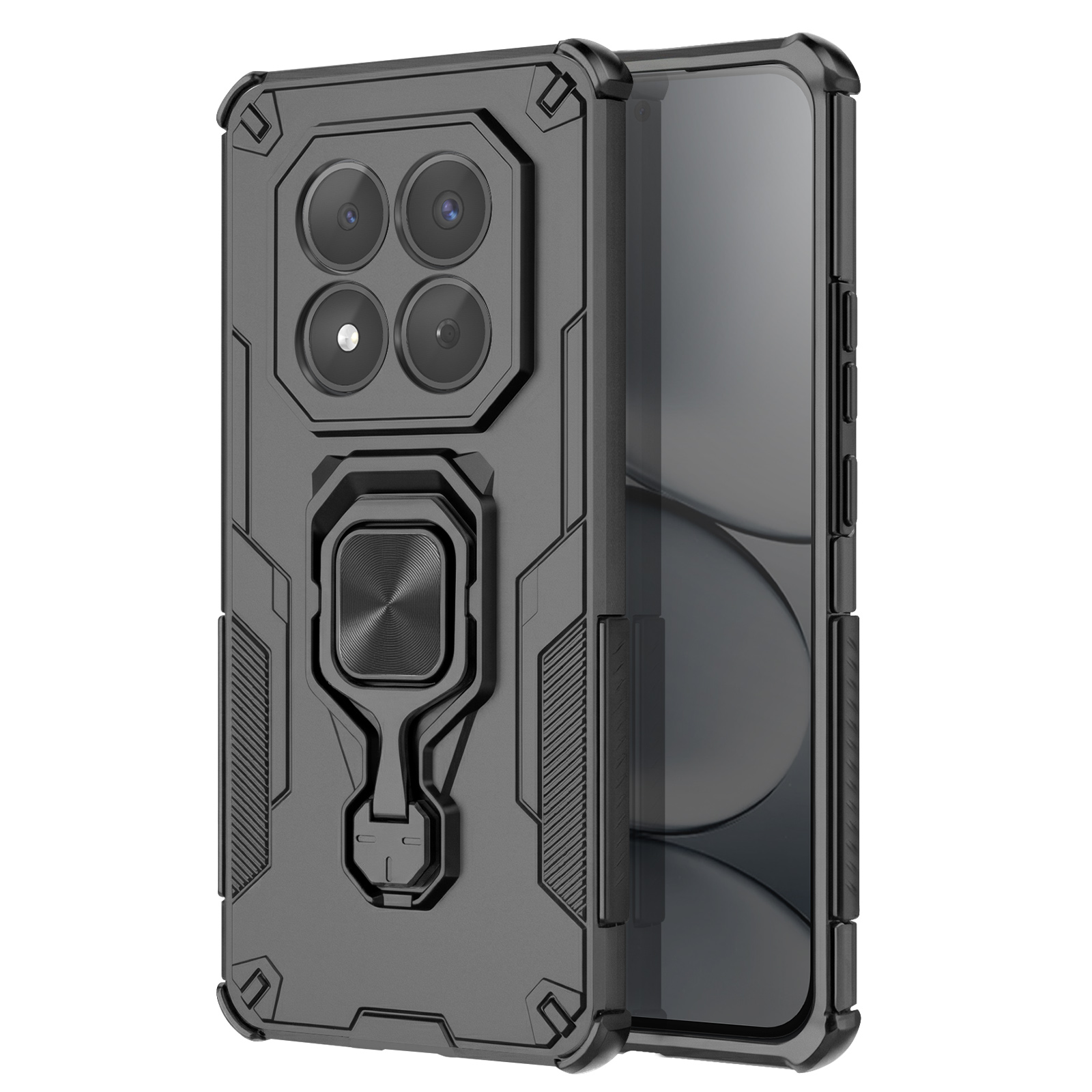 Une coque de téléphone noire et robuste avec quatre caméras et un support annulaire.