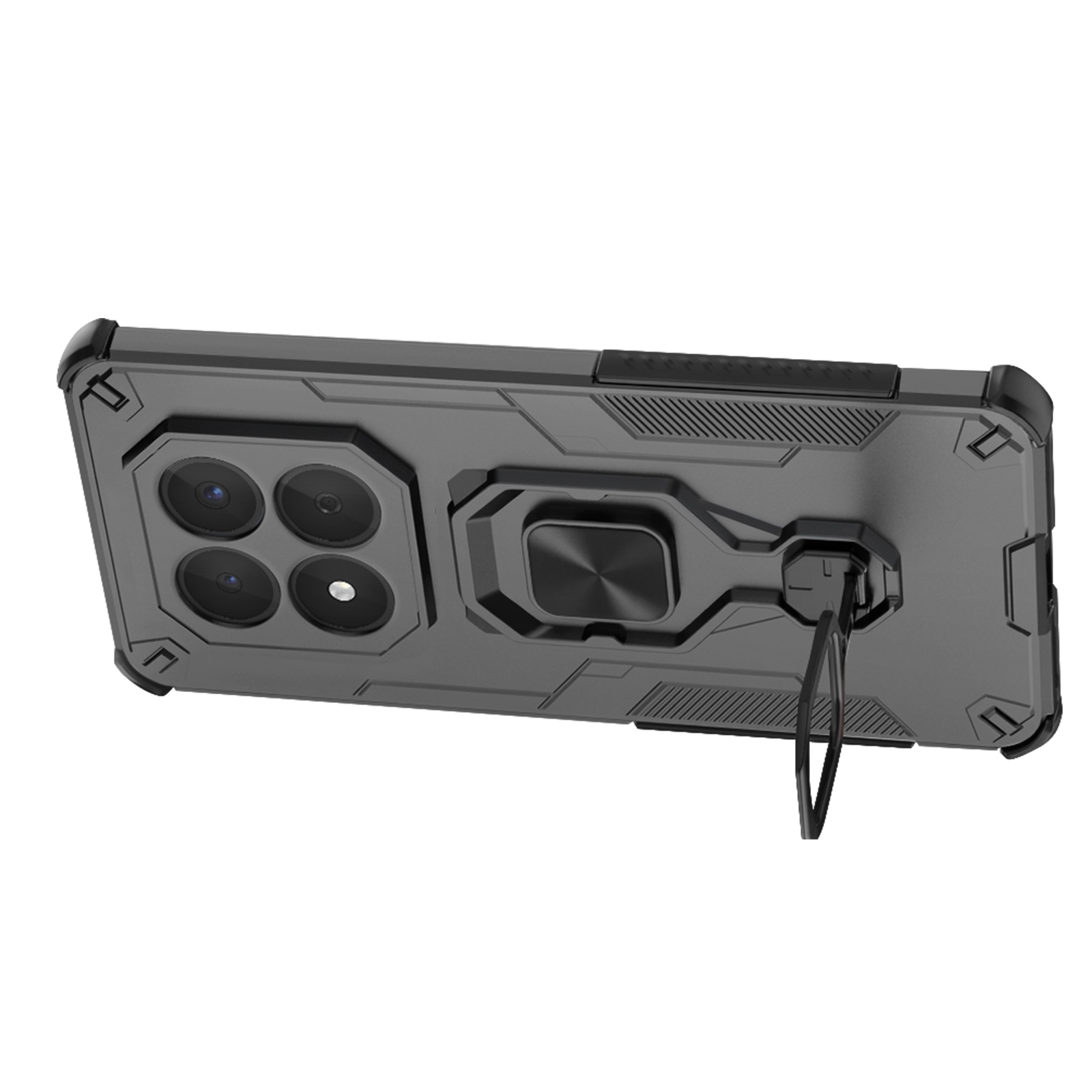 Coque de téléphone gris foncé avec quatre objectifs photo et un support bague.