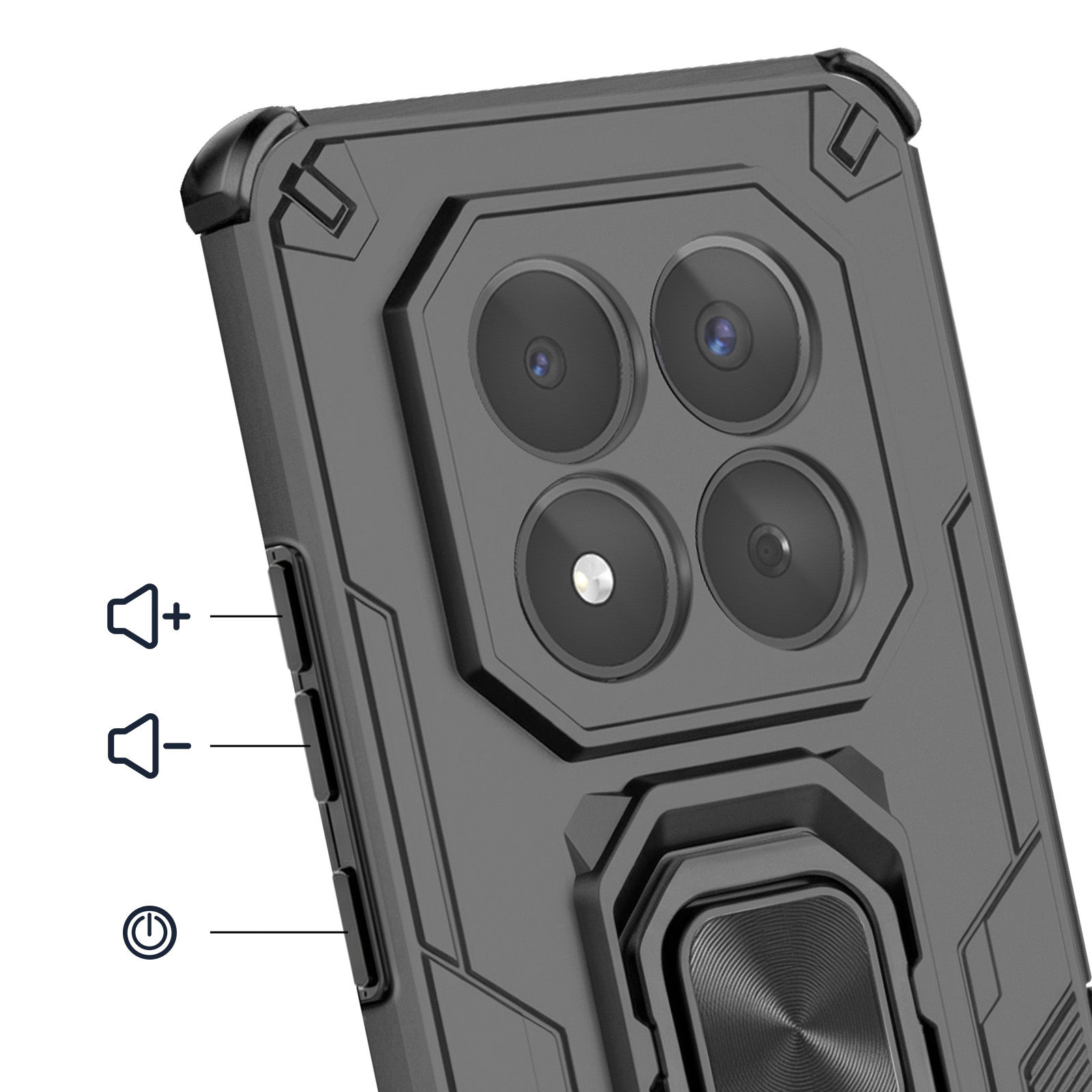 Arrière d'une coque de téléphone noire avec quatre caméras et un support.