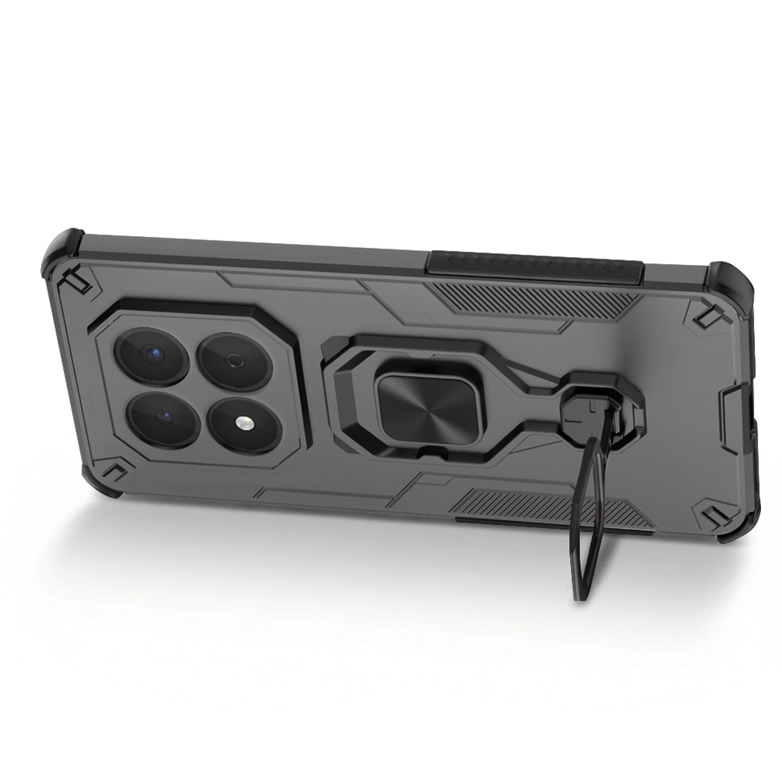 Coque de téléphone grise avec quatre caméras, support bague et pied.
