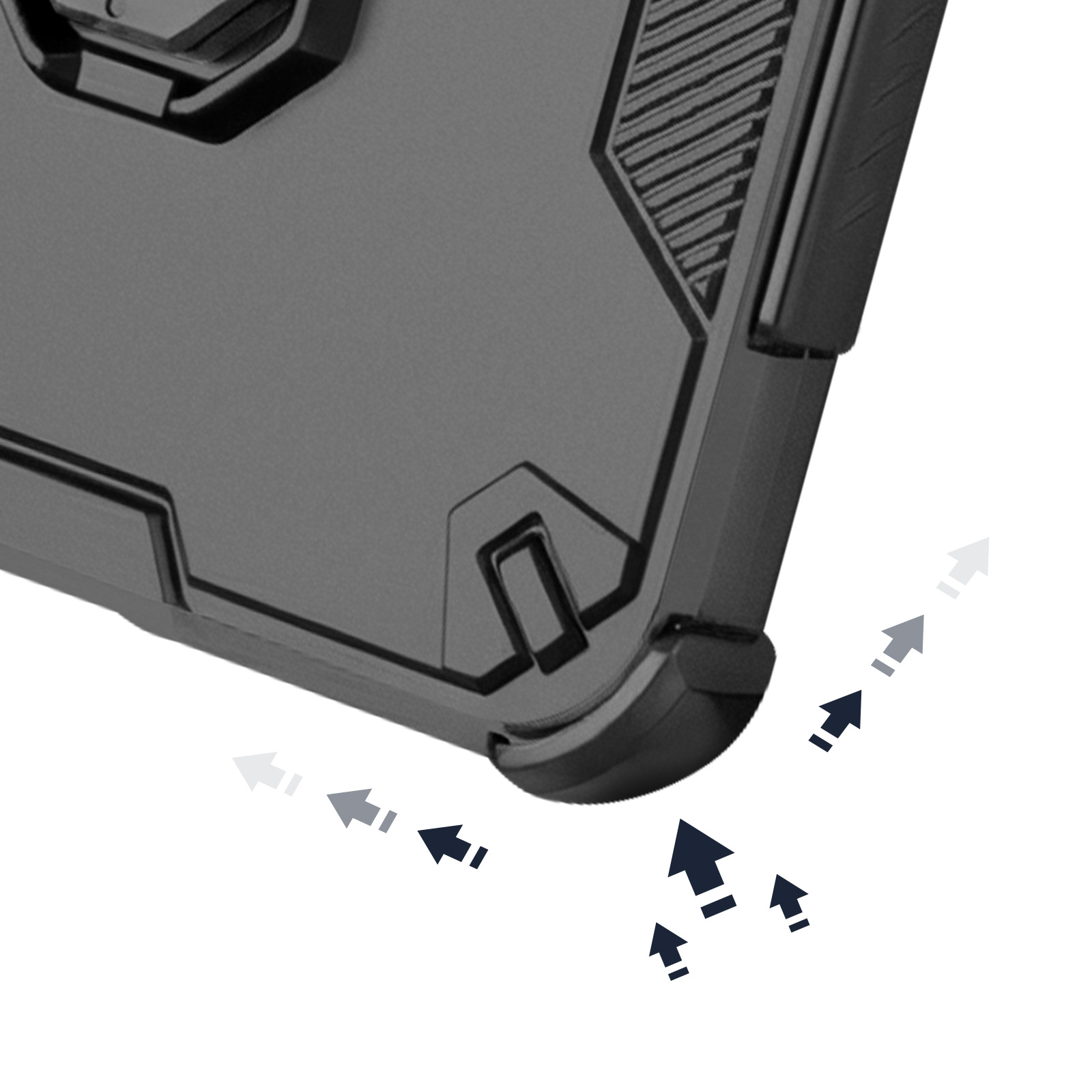 Coque de téléphone noire avec flèches indiquant l'absorption des chocs.