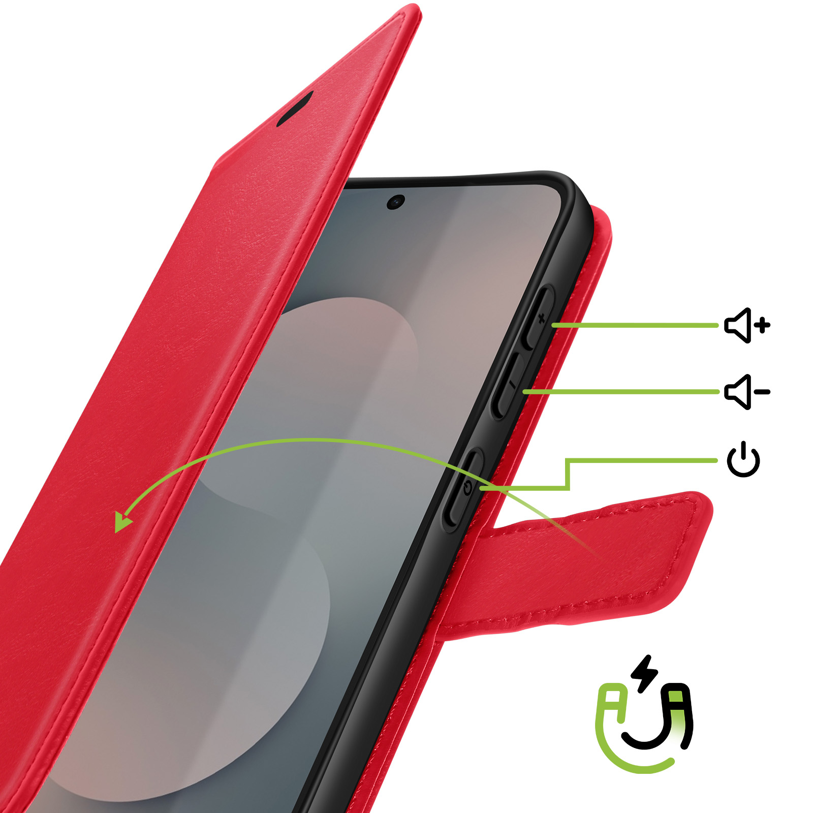 Rotes Handycover mit hervorgehobenen Lautstärke-, Ein-/Aus-Tasten und Magnetverschluss.