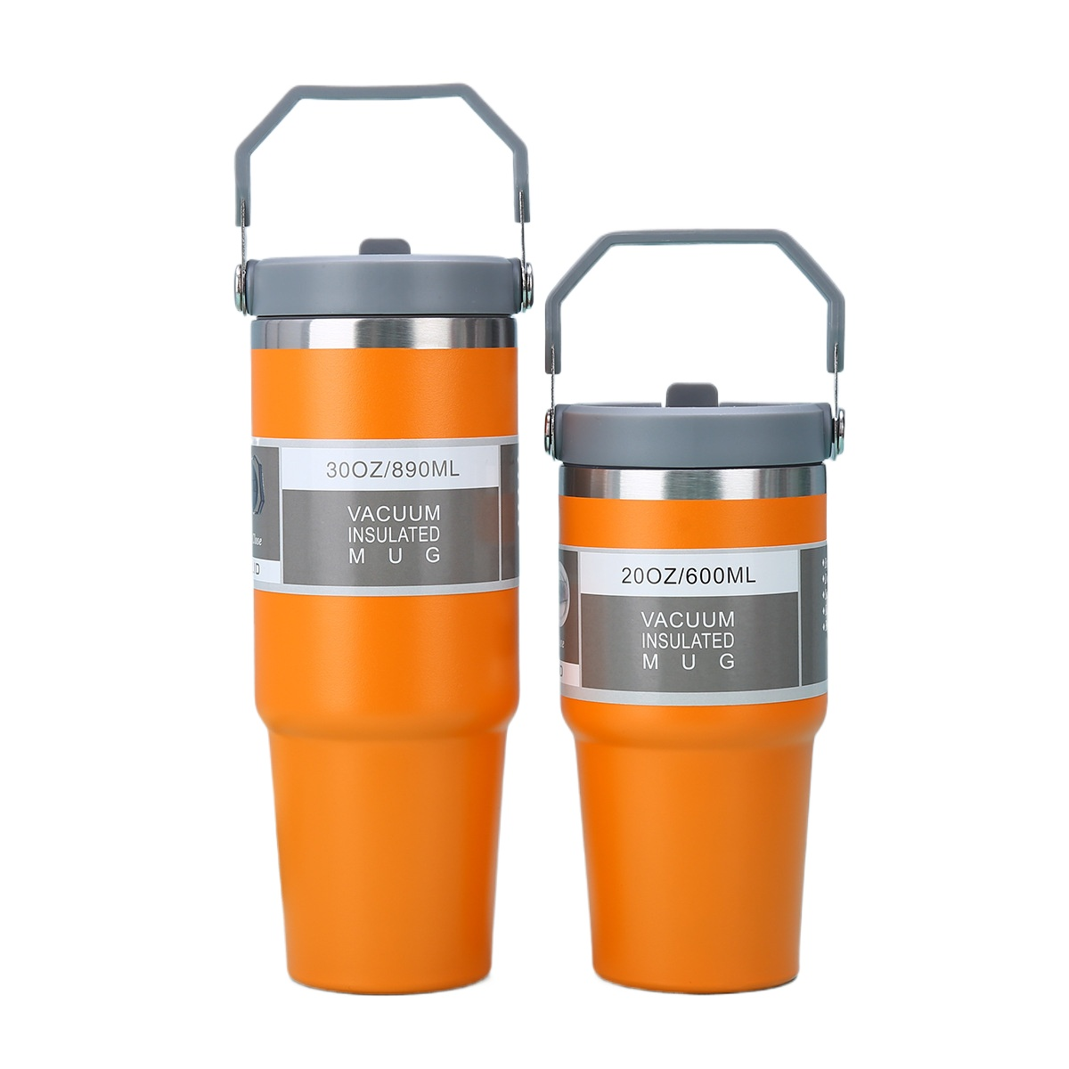 Zwei orangefarbene Vakuum-Isolierbecher, einer 30oz/890ml, der andere 20oz/600ml.