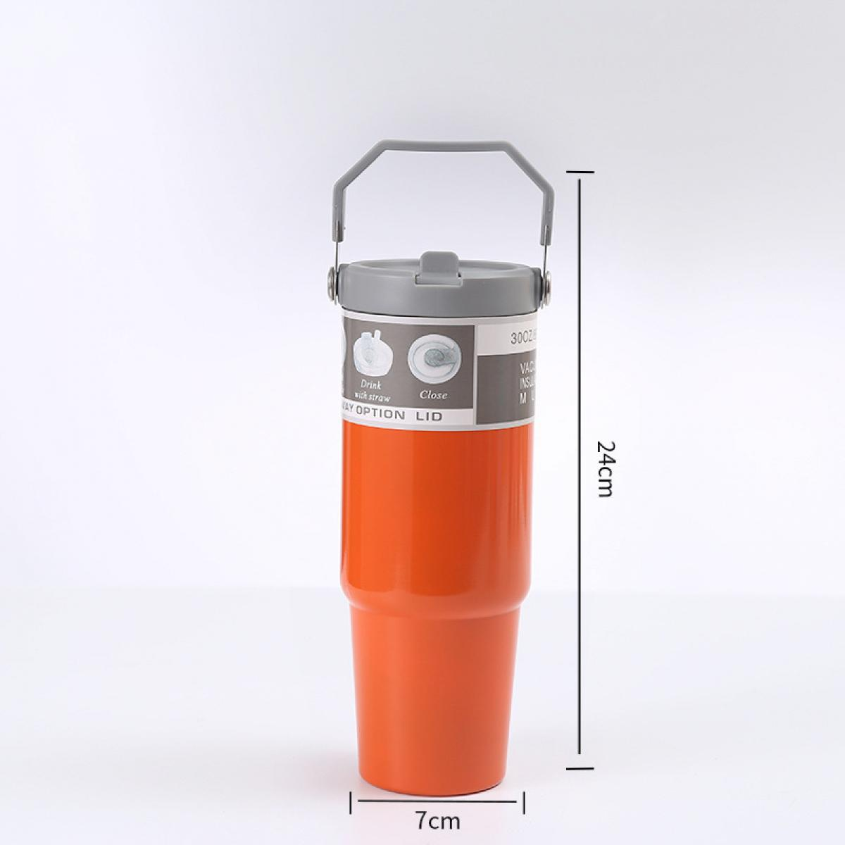 Orangefarbener Becher mit Henkel und grauem Deckel, 24cm hoch, 7cm breit.