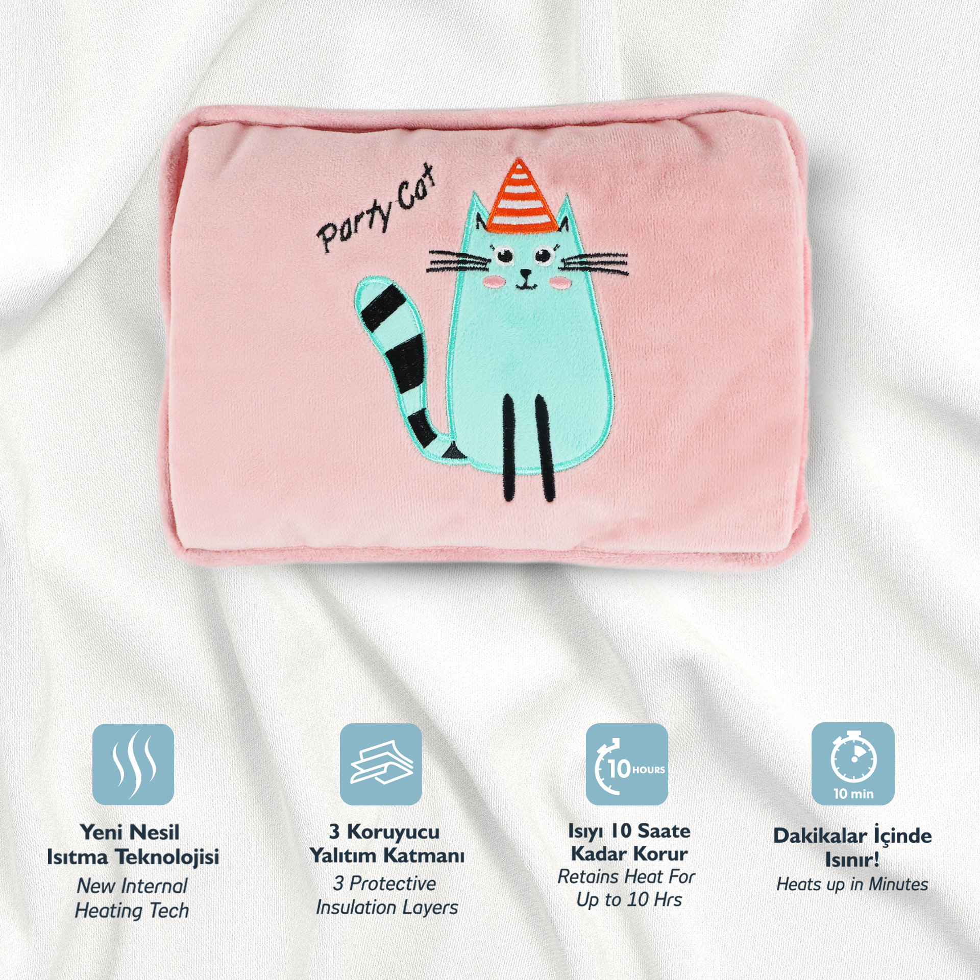 Un cojín rosa con un gato de dibujos animados azul que lleva un gorro de fiesta.