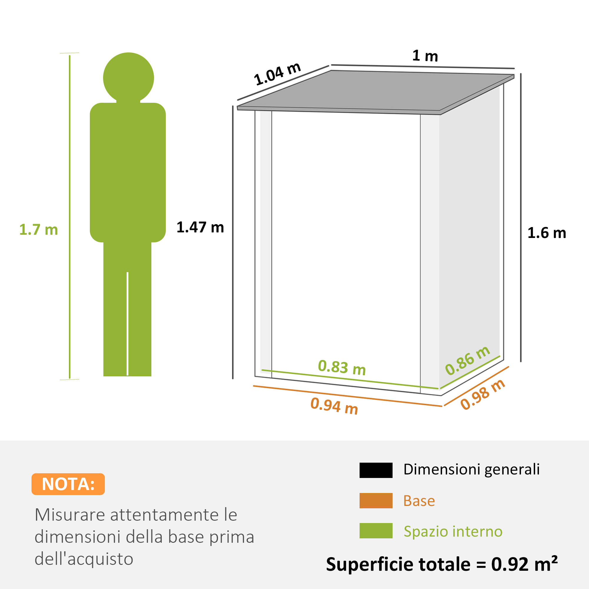 Diagramma mostra un uomo accanto a un armadio con misure.