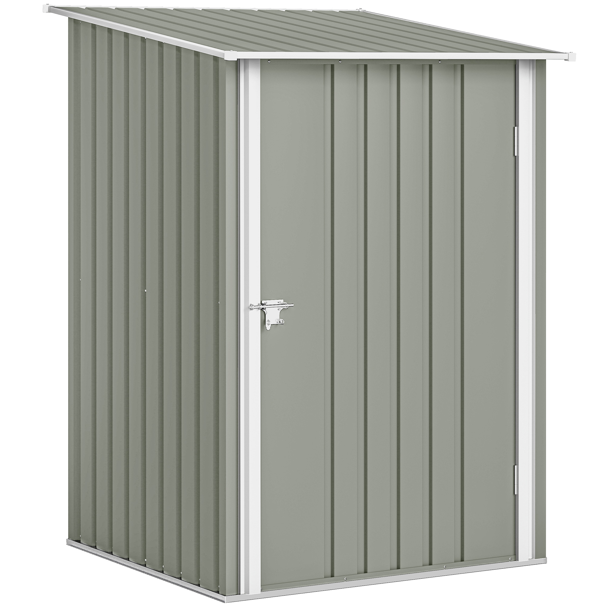 Un capanno metallico grigio con porta e chiavistello, su sfondo bianco.