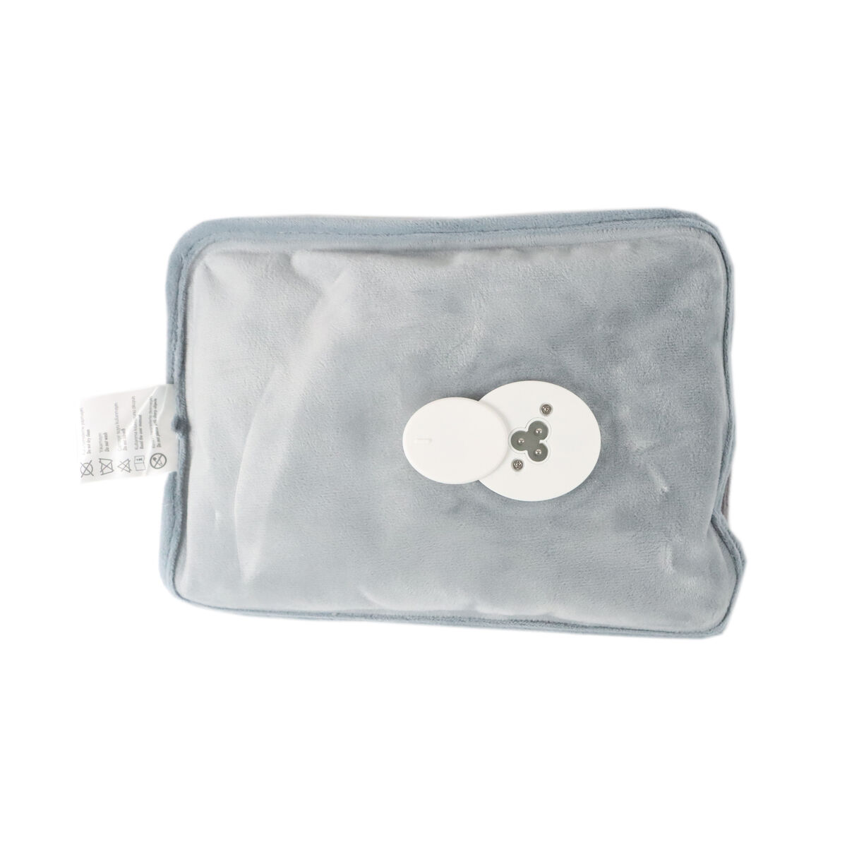 Bolsa de calor de felpa gris con panel de control blanco y etiqueta.