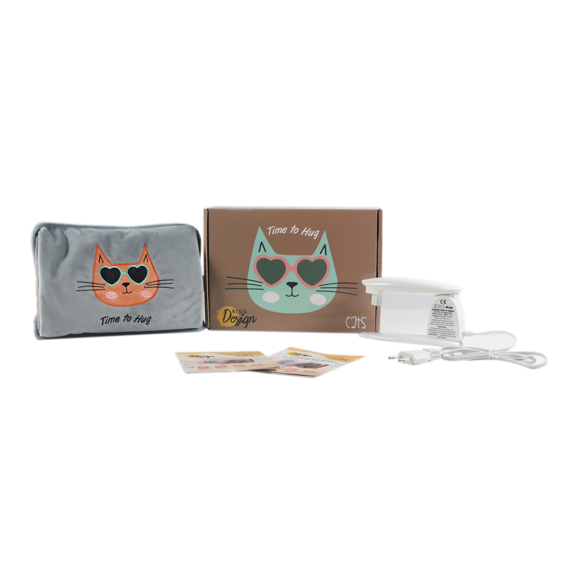 Una bolsa gris con diseño de gato, una caja marrón y un dispositivo blanco.