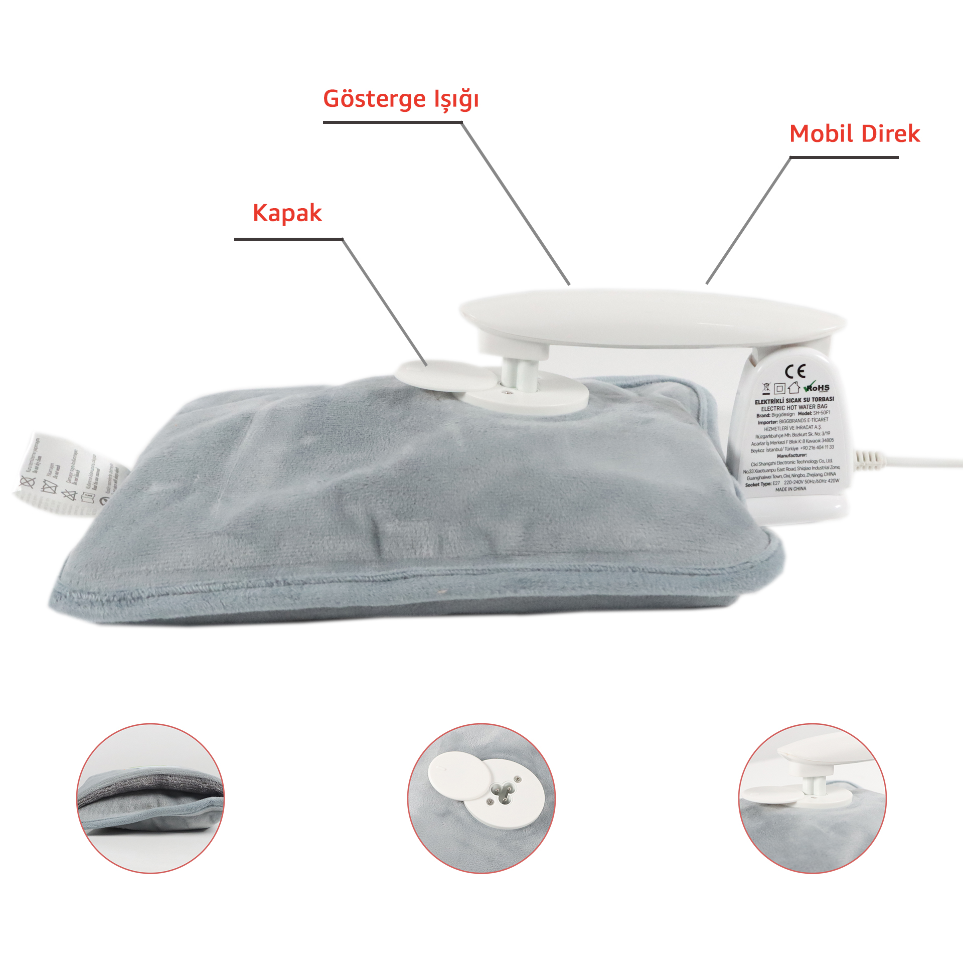 Bolsa de agua caliente eléctrica gris con cable blanco y etiqueta.