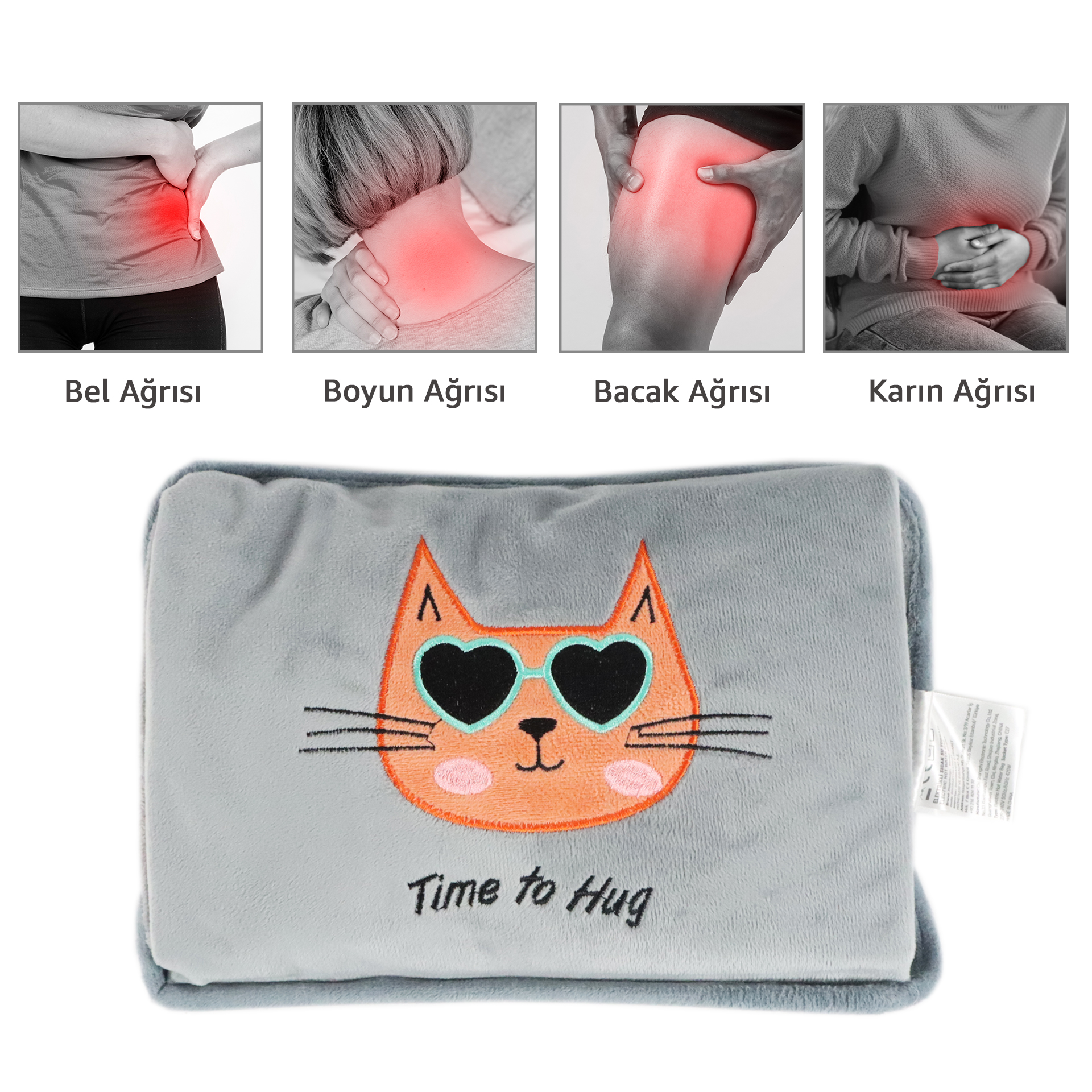Bolsa de agua caliente gris con diseño de gato y texto 'Time to Hug'.