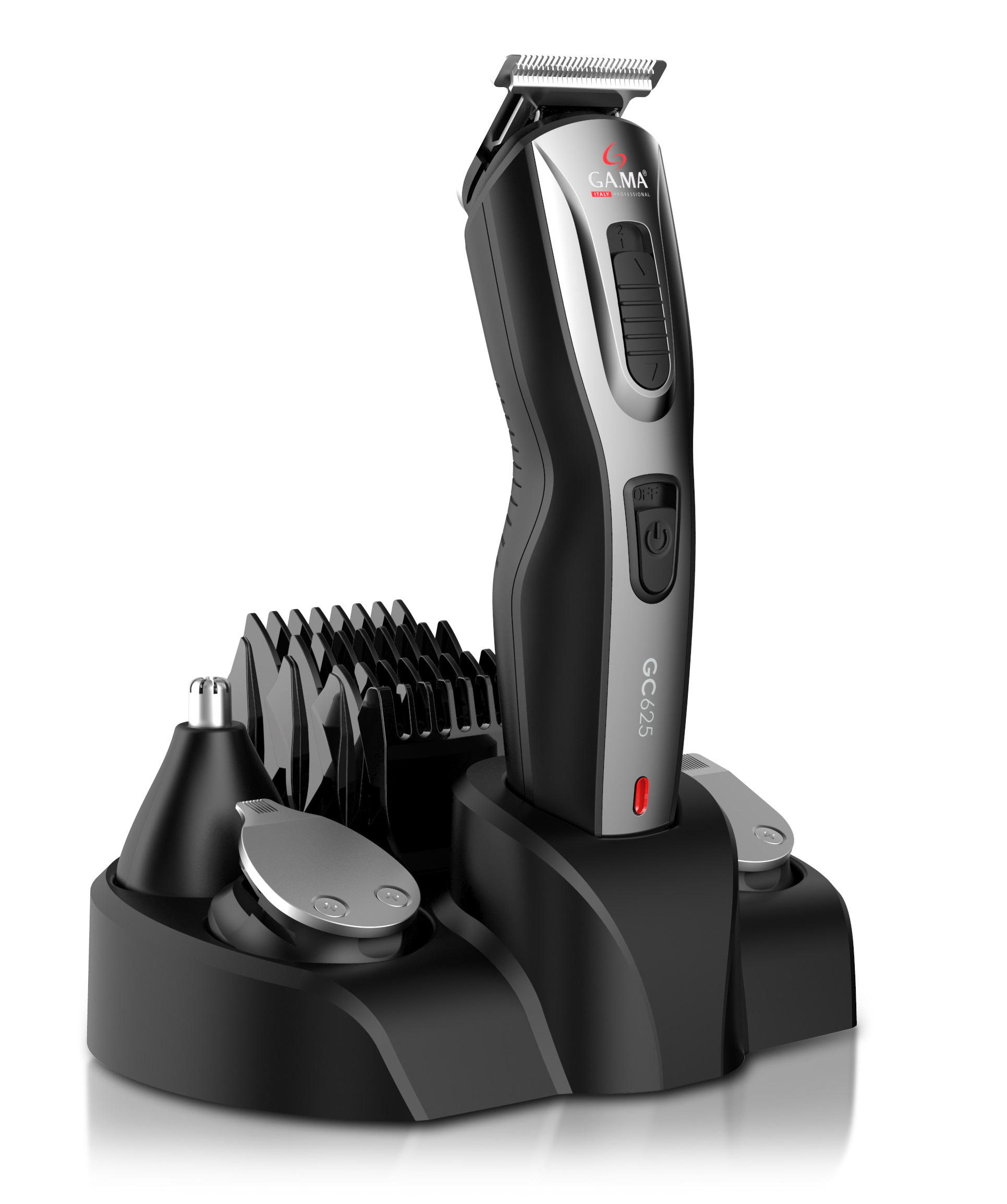 Un set nero per tagliare i capelli con rifinitore, accessori e base di ricarica.