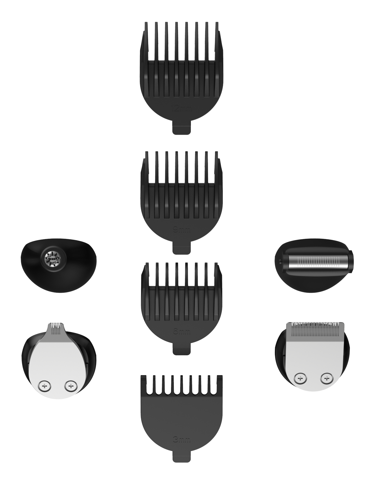 Set di pettini e accessori neri per tagliacapelli su sfondo bianco.