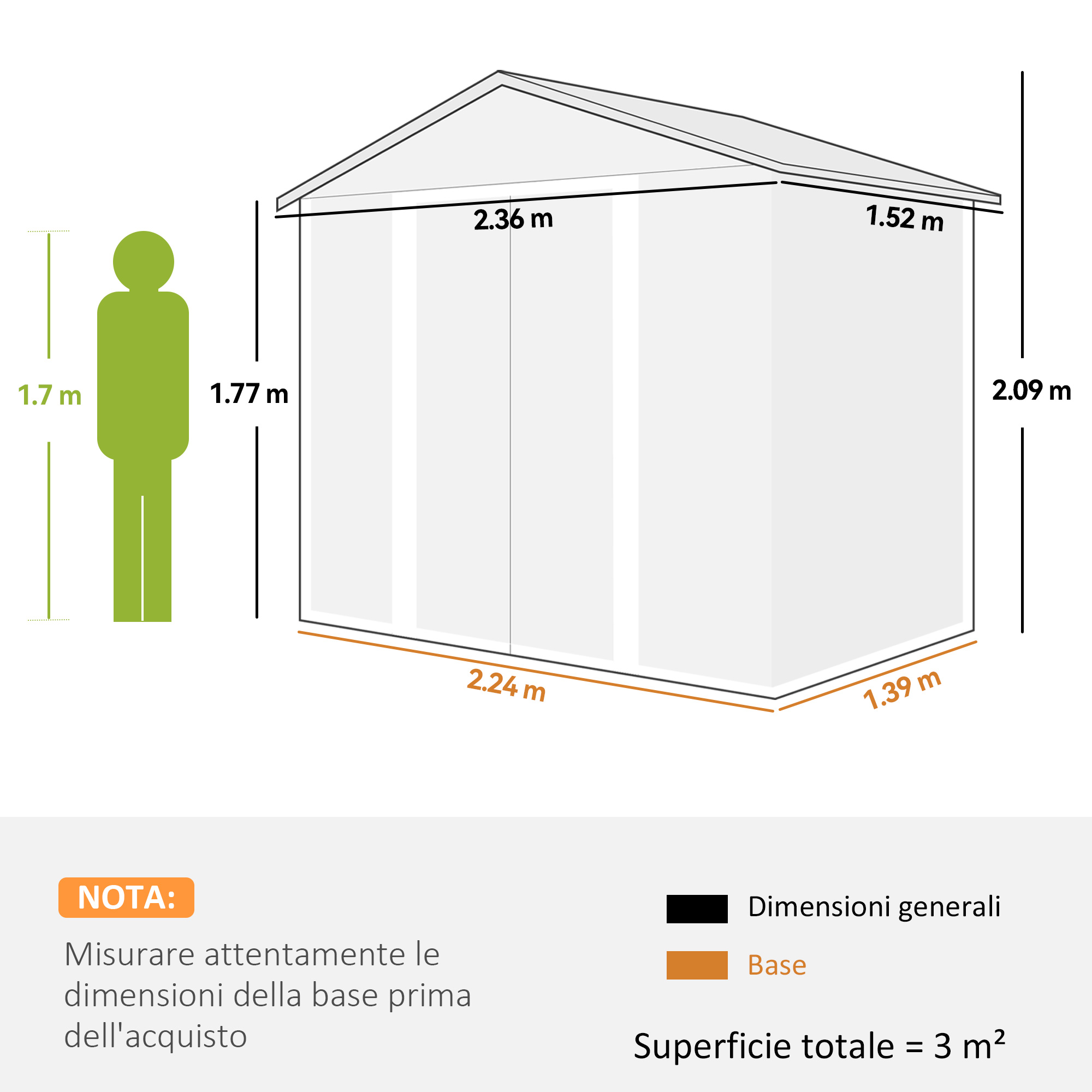 Illustrazione di una struttura con dimensioni e una figura umana.