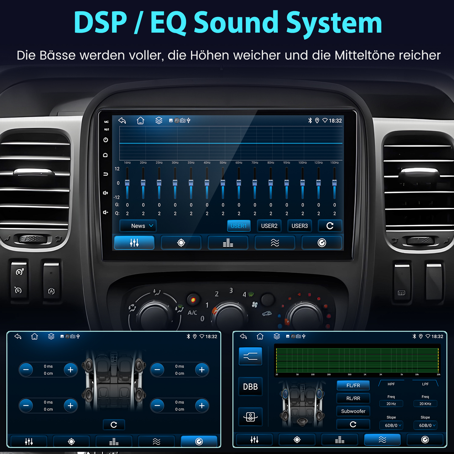 DSP/EQ-Soundsystem mit Equalizer- und Lautsprechereinstellungen im Auto.