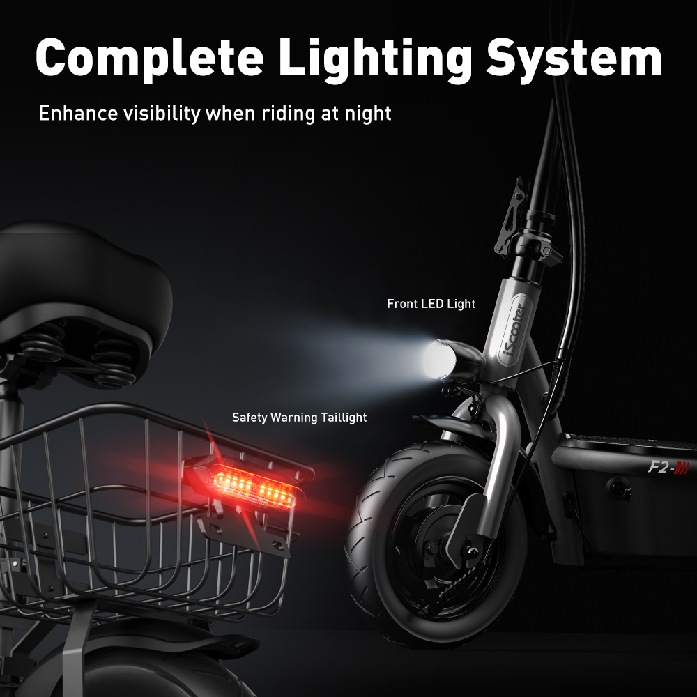 Monopattino elettrico con LED anteriore luminoso e fanale posteriore rosso, per la notte.