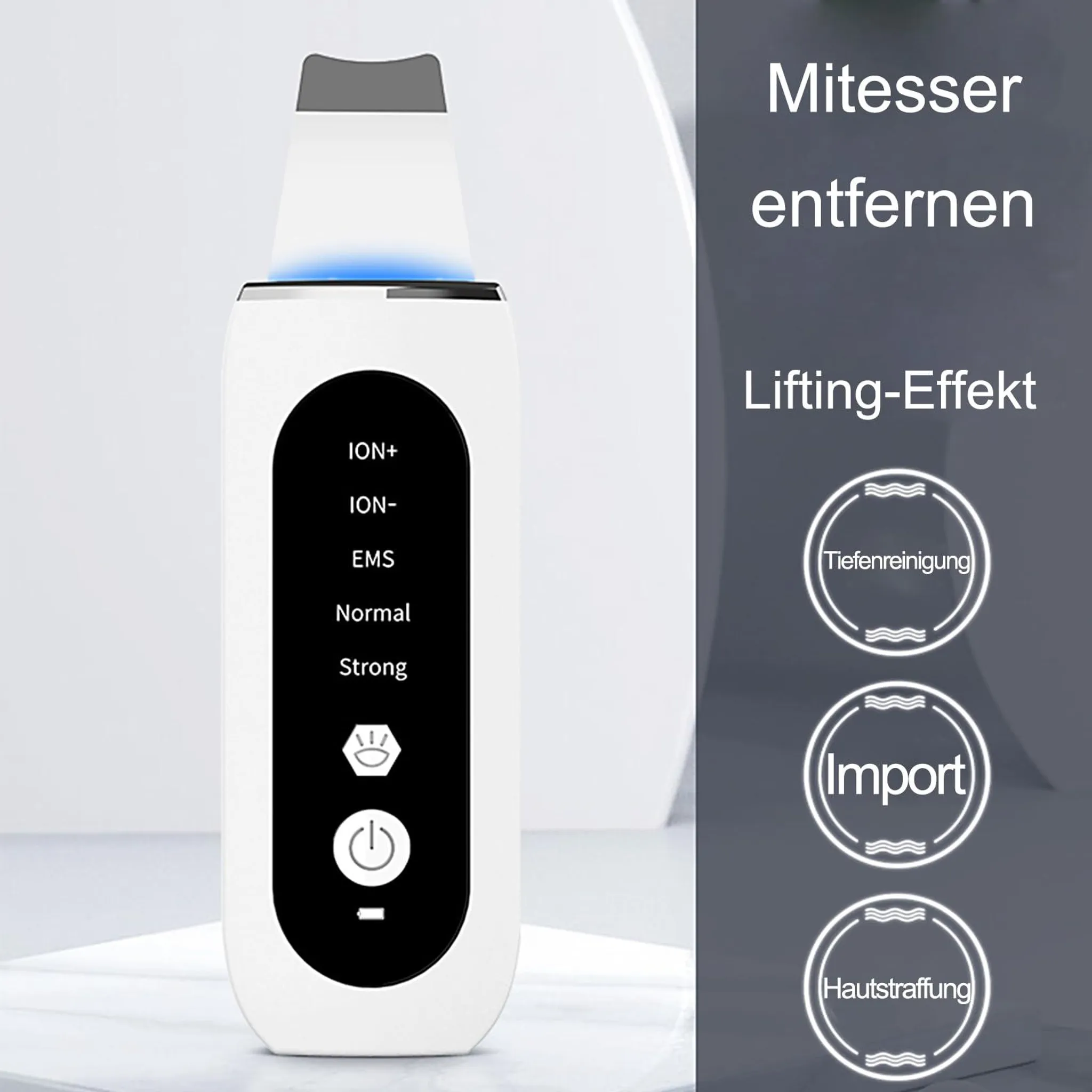 Ein weißes Hautpflegegerät mit verschiedenen Modi wie ION+, ION-, EMS.