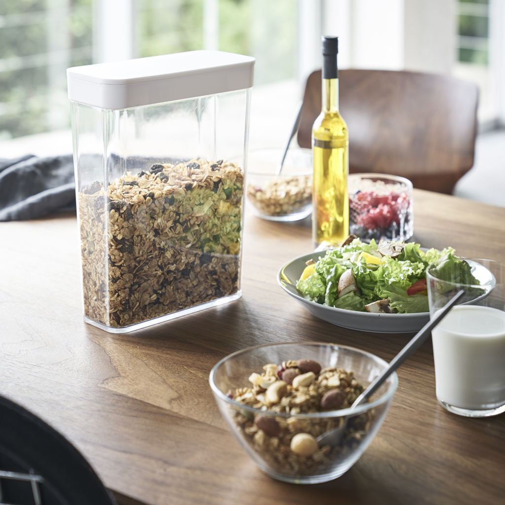 Un tavolo apparecchiato per la colazione con muesli, insalata, bacche, olio e latte.