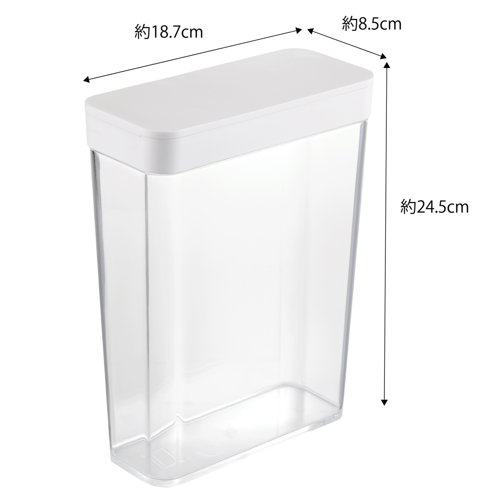 Un contenitore rettangolare trasparente con coperchio bianco, misura 18,7 x 8,5 x 24,5 cm.