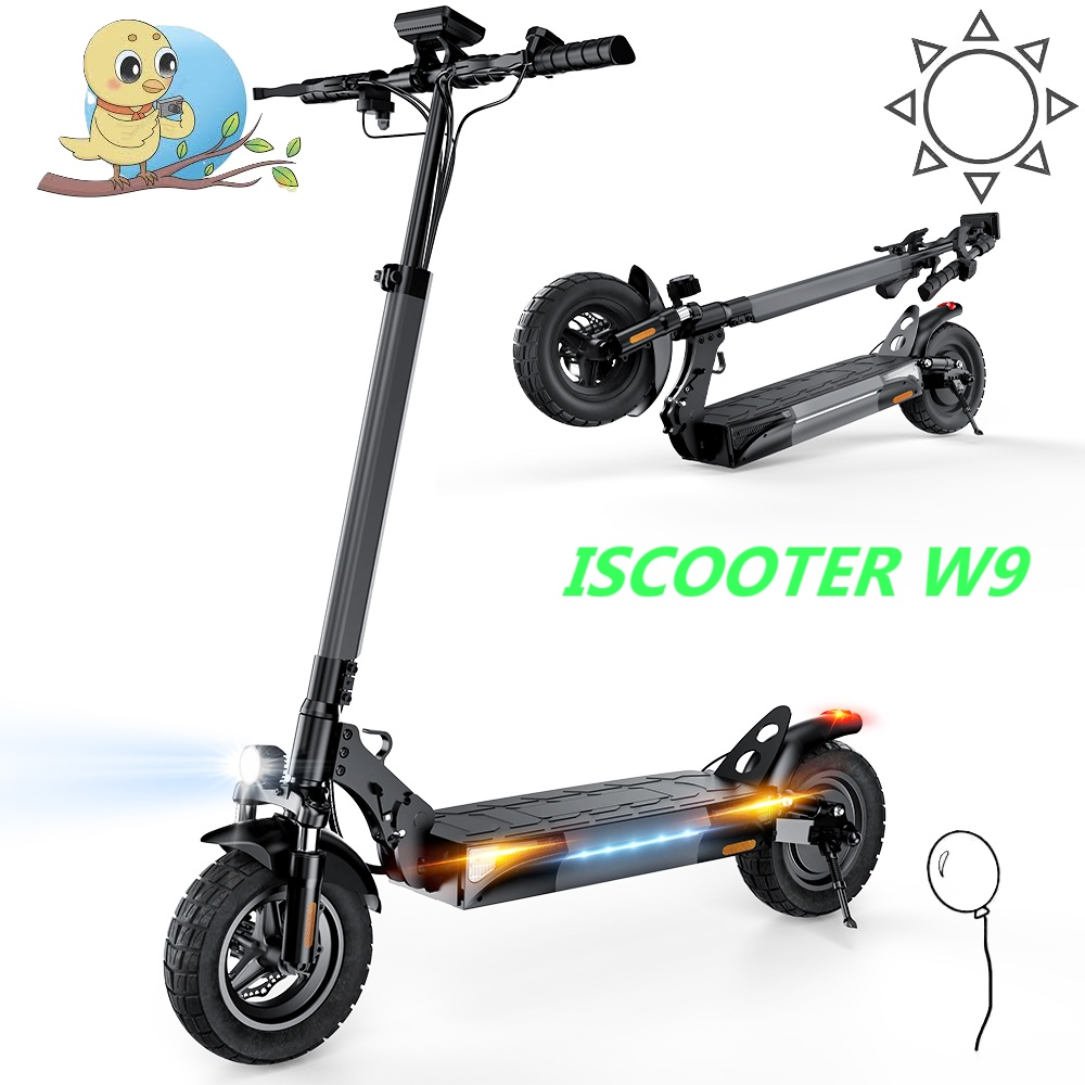 Uno scooter elettrico nero con luci e un logo di uccello.