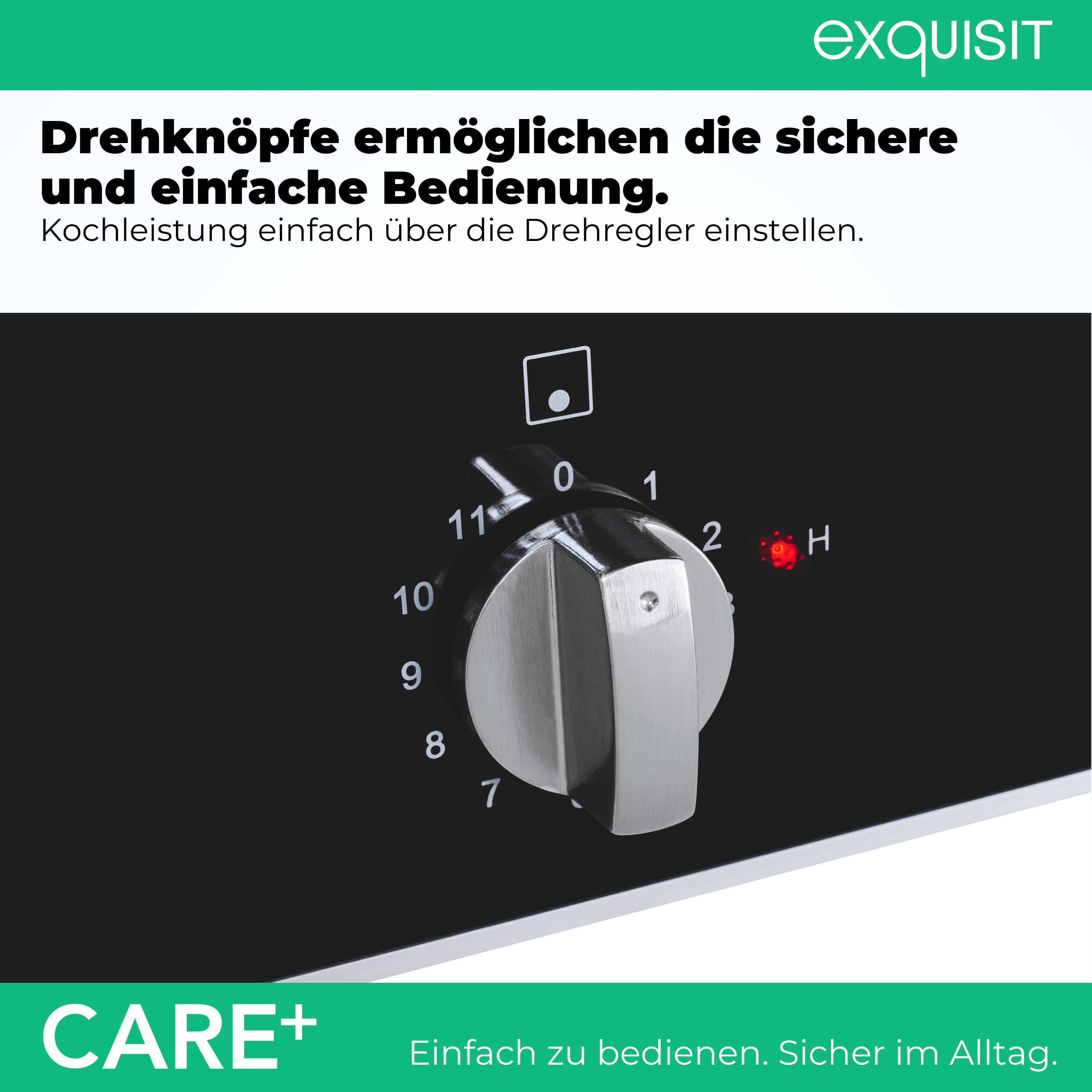 Ein silberner Drehknopf mit Zahlen von 0-11 und einem roten Lämpchen neben H.