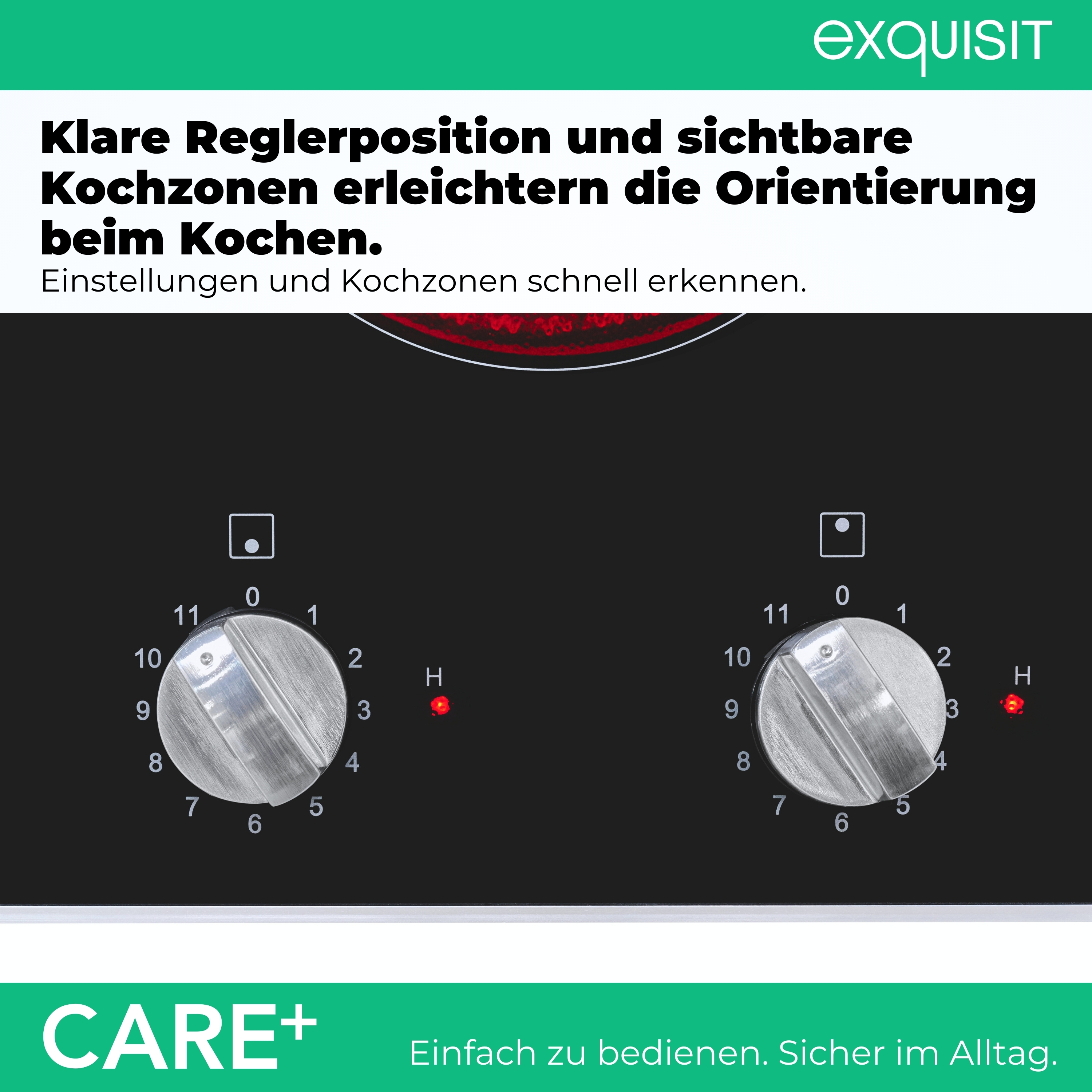 Zwei silberne Drehregler auf schwarzer Kochfeldanzeige, mit Zahlen 0-11.