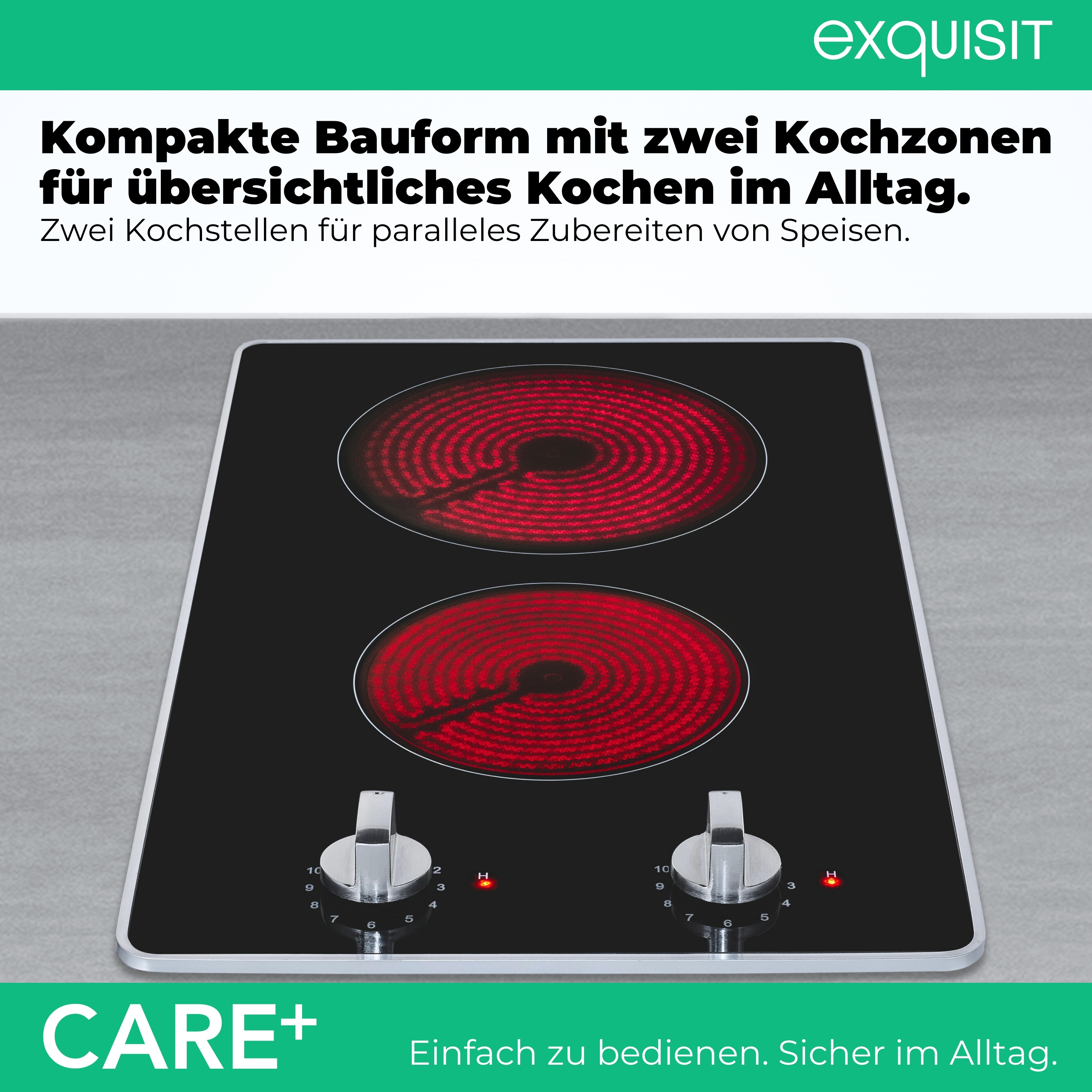 Ein schwarzes Kochfeld mit zwei leuchtend roten Heizspiralen und zwei Drehknöpfen.
