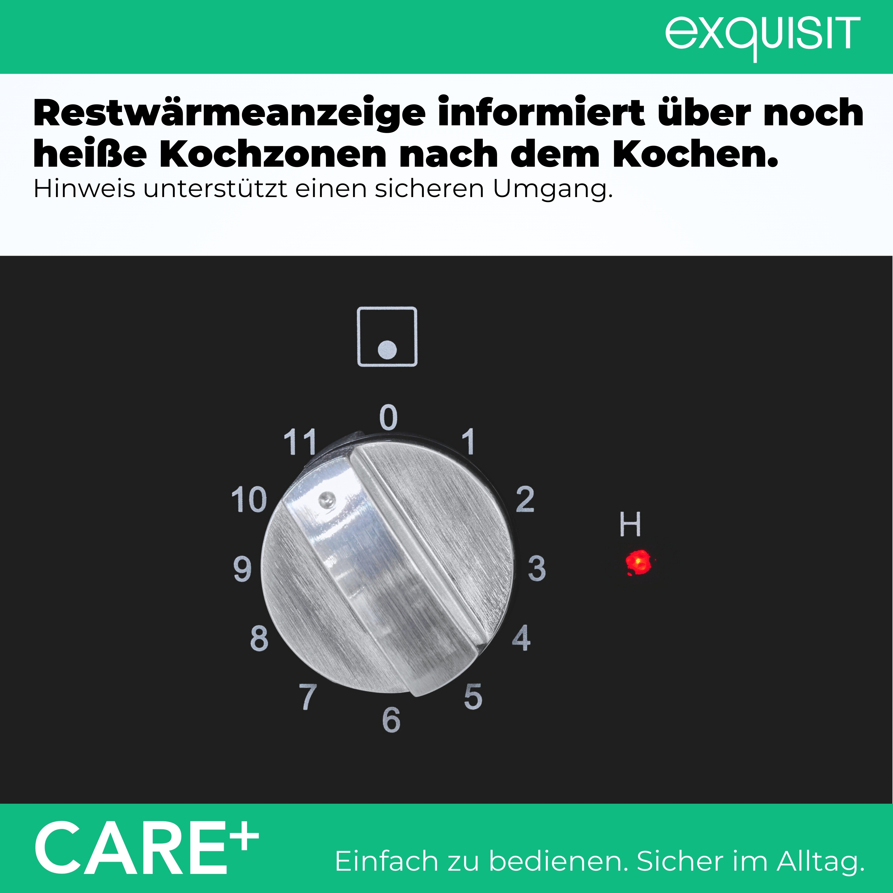 Ein Kochfelddrehregler mit Restwärmeanzeige und rotem Lämpchen.