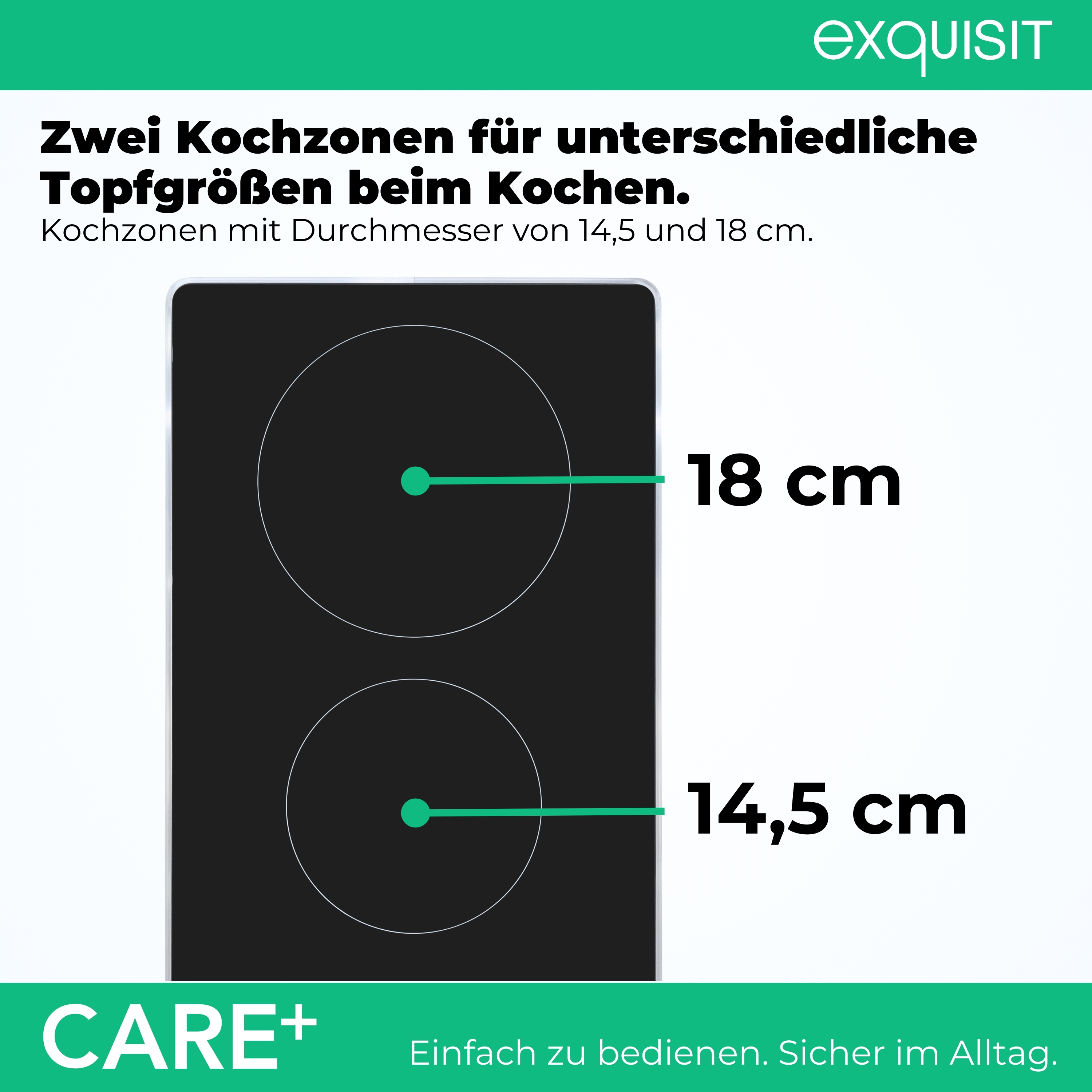 Induktionskochfeld mit zwei Kochzonen (18 cm und 14,5 cm).