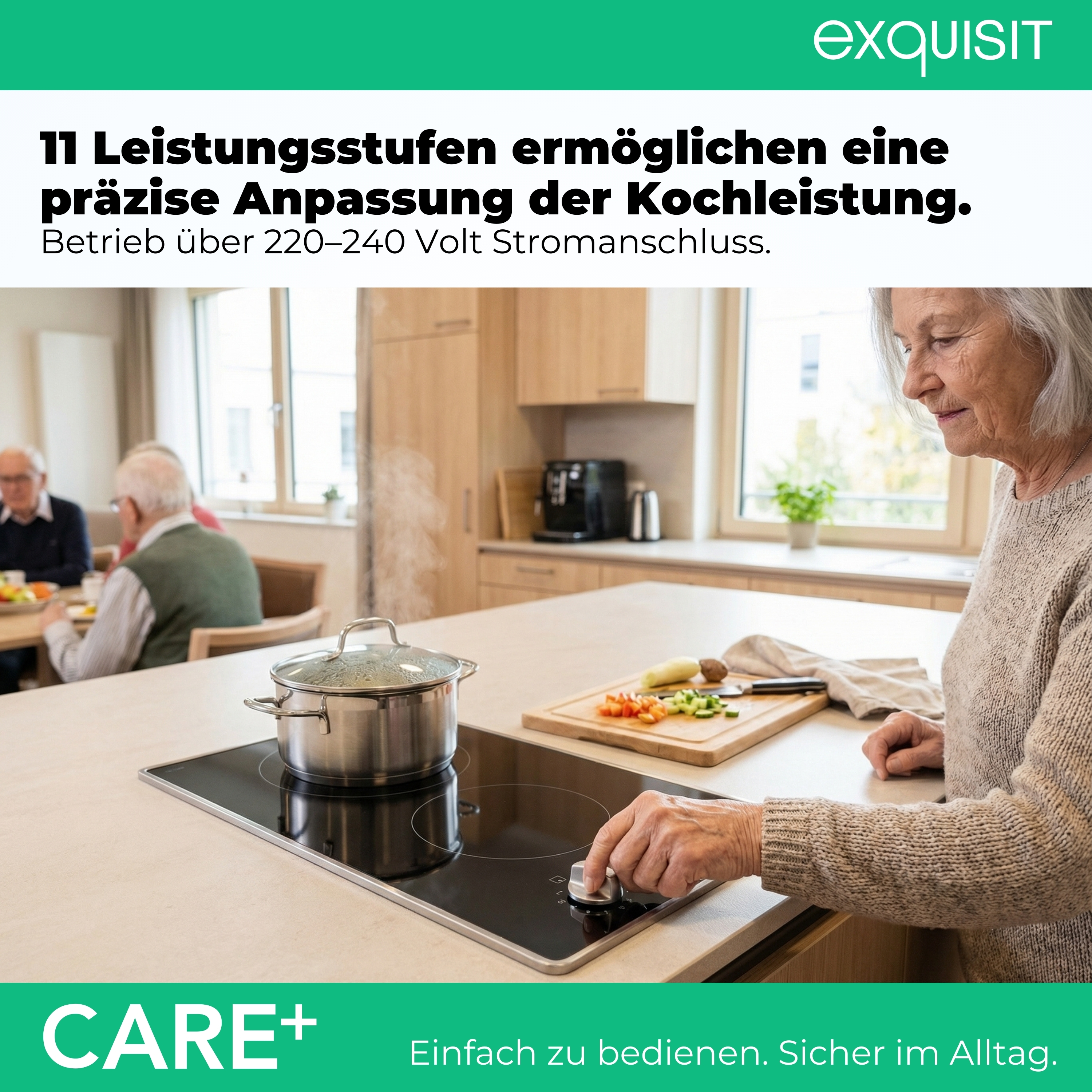 Ältere Menschen in einer Küche, eine Frau stellt einen Kochtopf auf ein Ceranfeld.