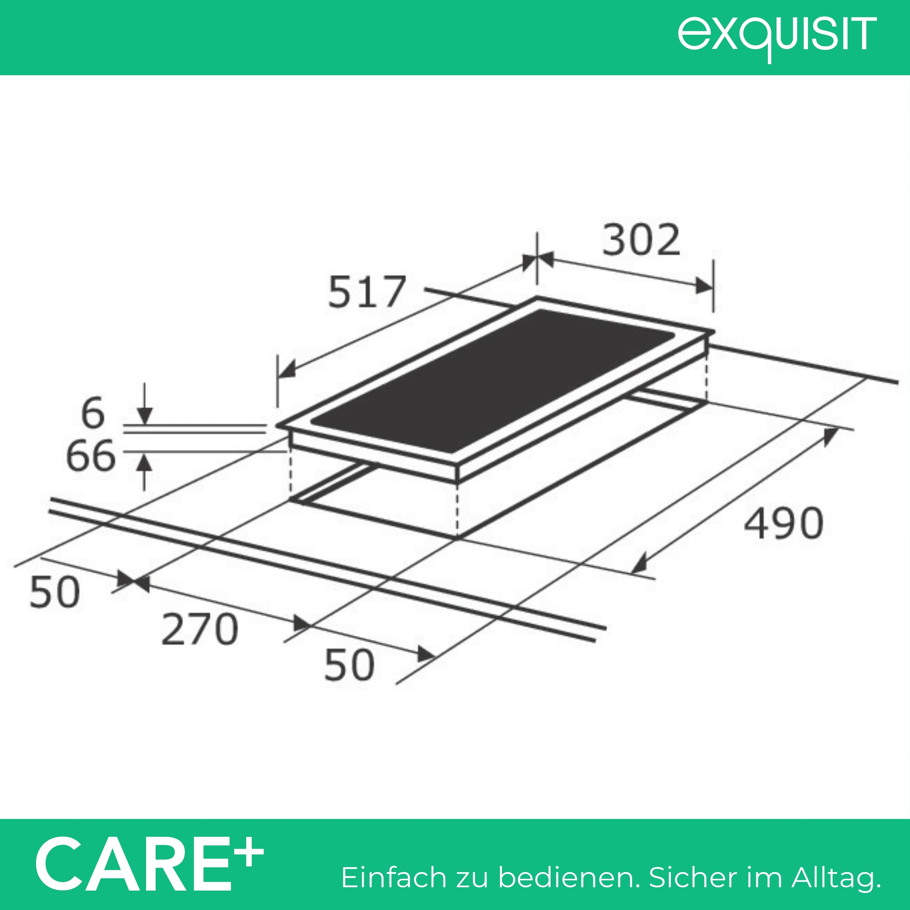 Technische Zeichnung eines Kochfelds mit Maßen. Exquisit Logo oben.