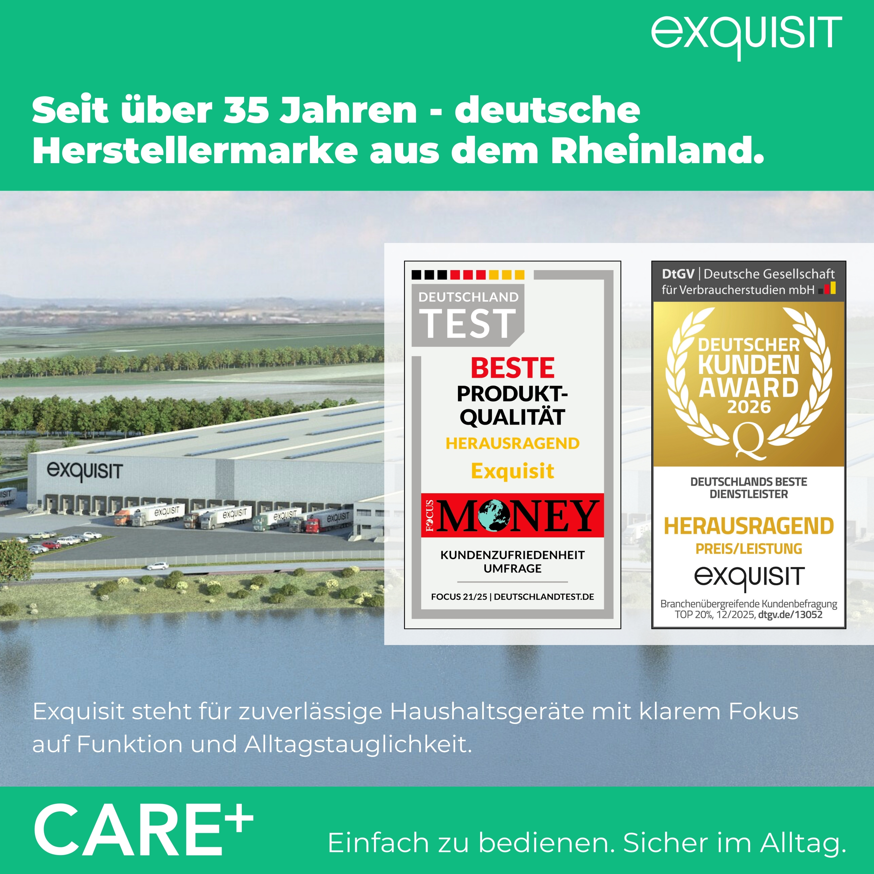 Exquisit Logo, Lagerhalle, LKW, Autos, Auszeichnungen und Text über Qualität.