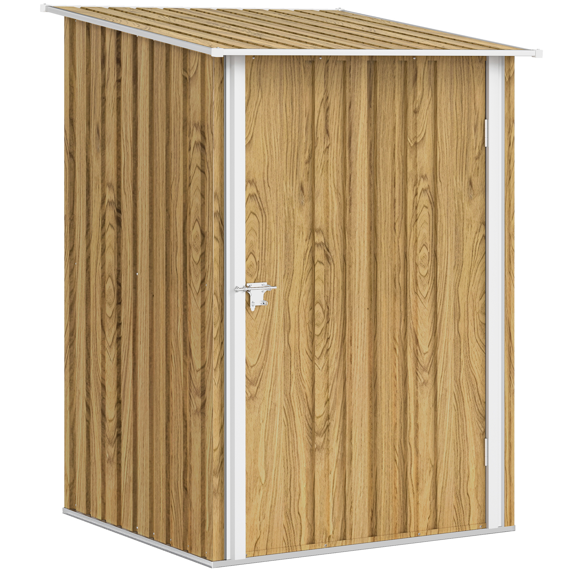 Una stretta tettoia in legno con tetto spiovente e chiavistello metallico.