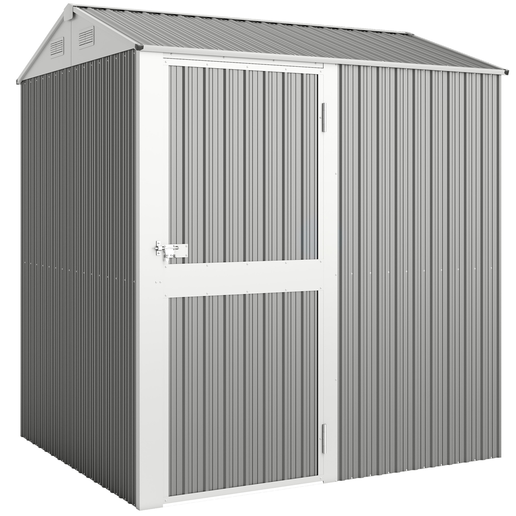 Un capanno in metallo ondulato grigio con porta e finiture bianche, su sfondo bianco.