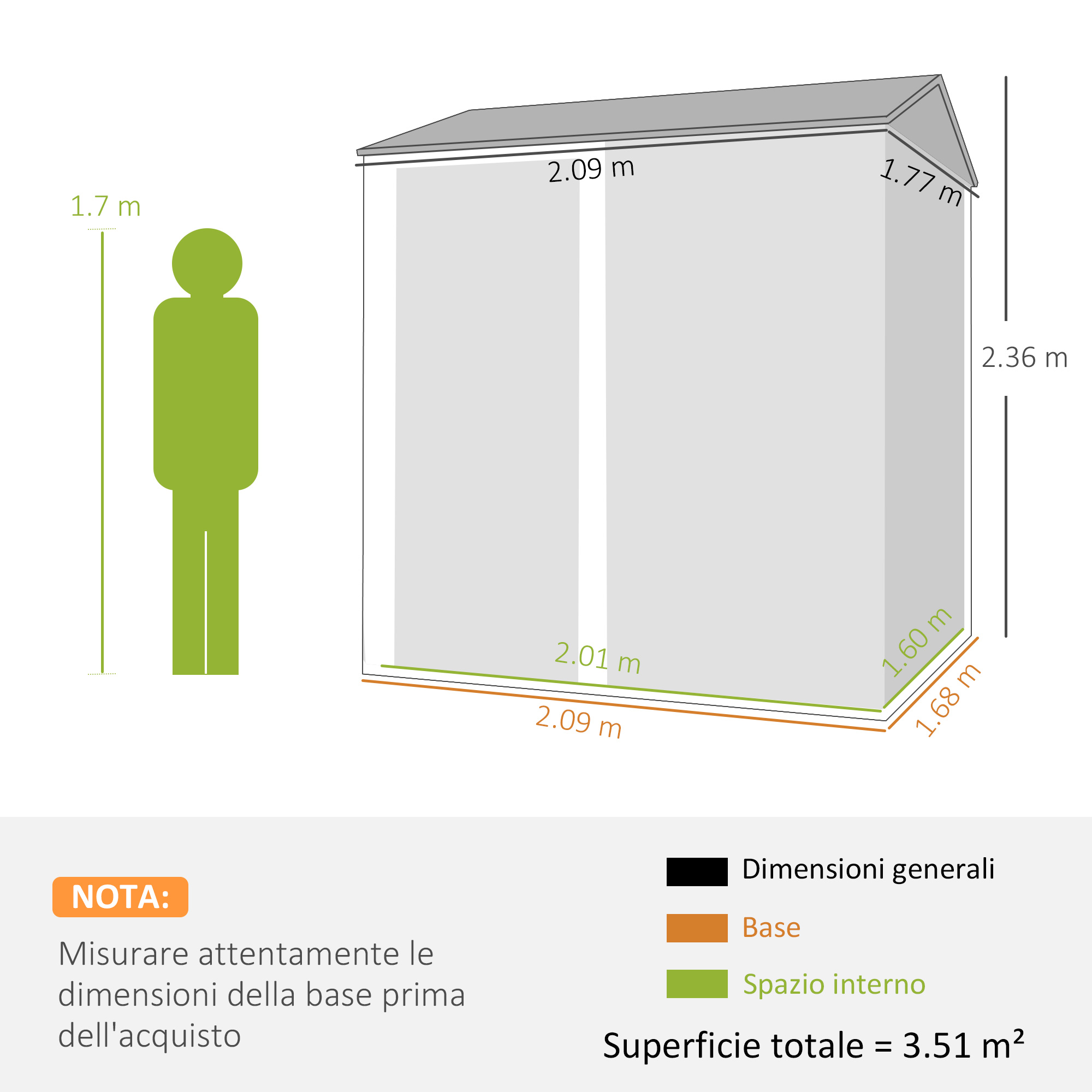 Illustrazione di un capanno con dimensioni e figura umana per scala.