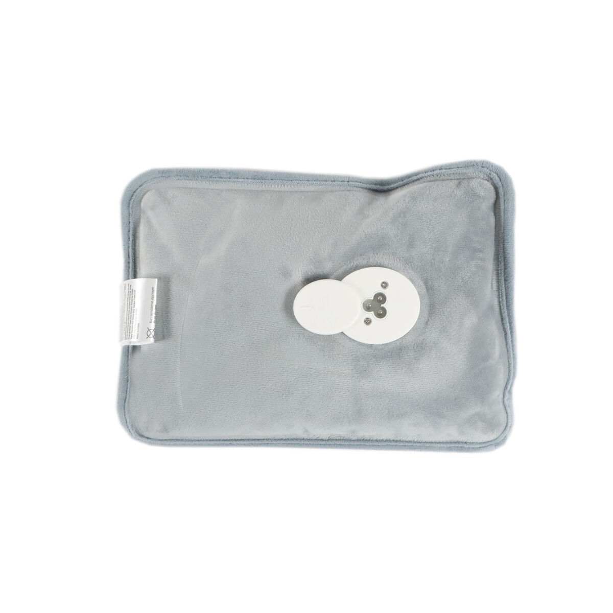 Almohadilla térmica de felpa gris con unidad de control blanca y conexión de cable.