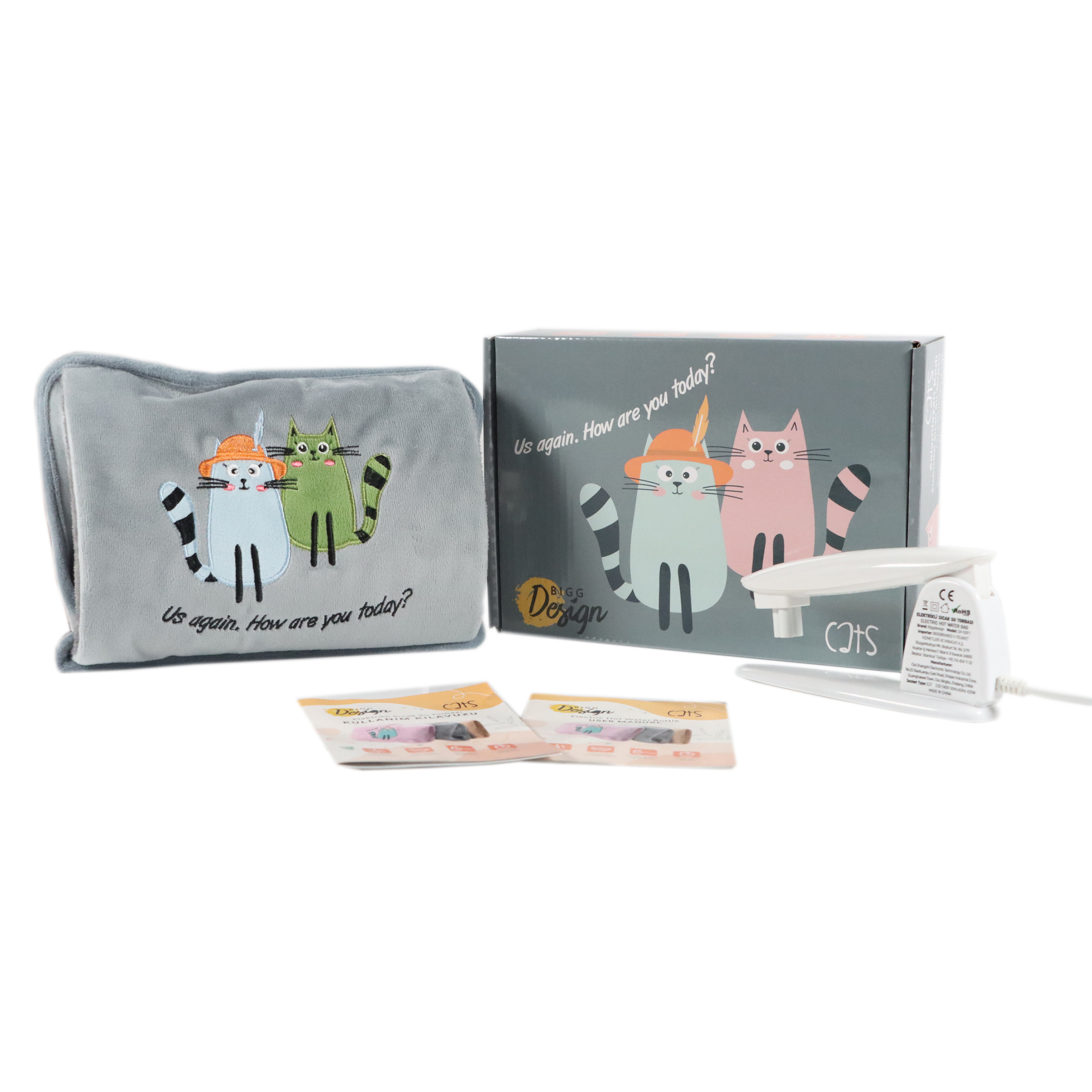 Bolsa y caja grises con diseño de gato, bolsa de agua caliente e instrucciones.